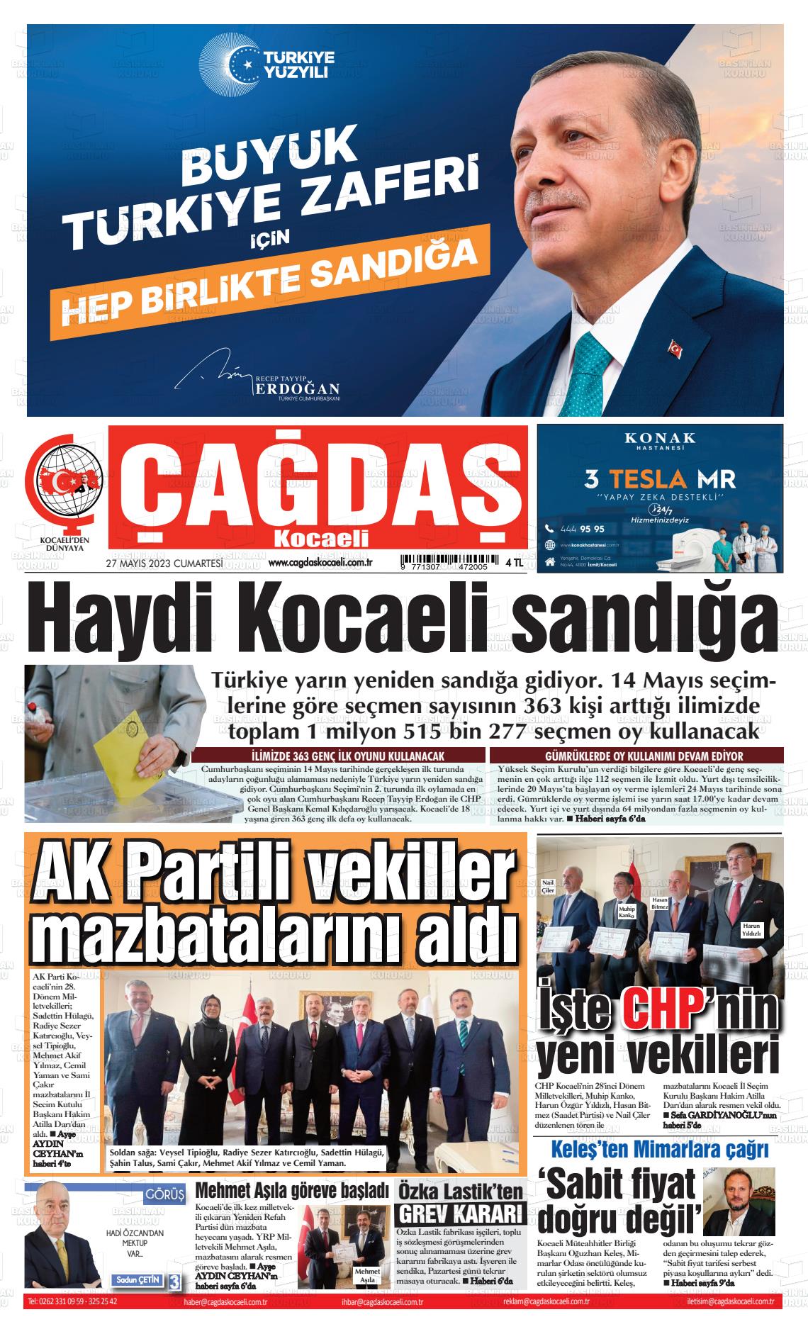 27 Mayıs 2023 Çağdaş Kocaeli Gazete Manşeti