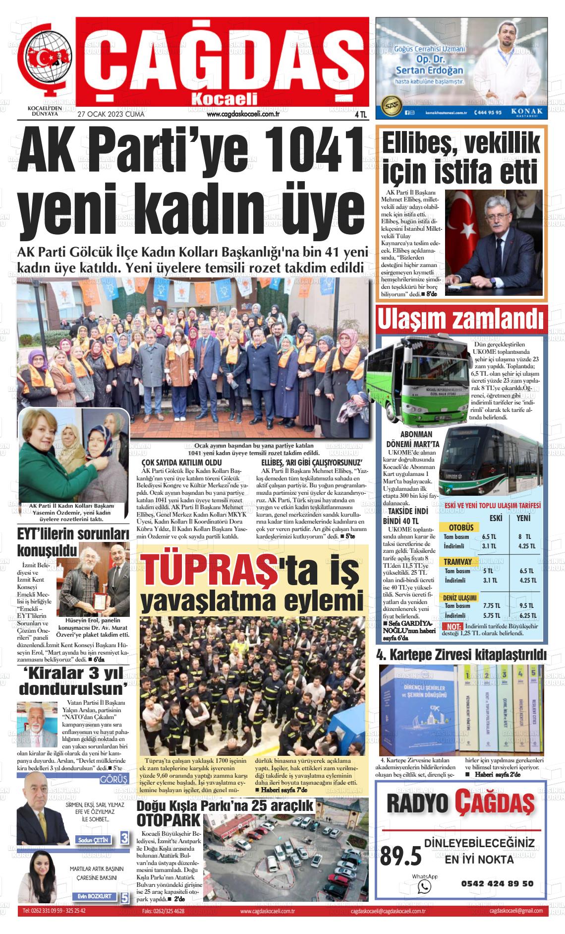 27 Ocak 2023 Çağdaş Kocaeli Gazete Manşeti
