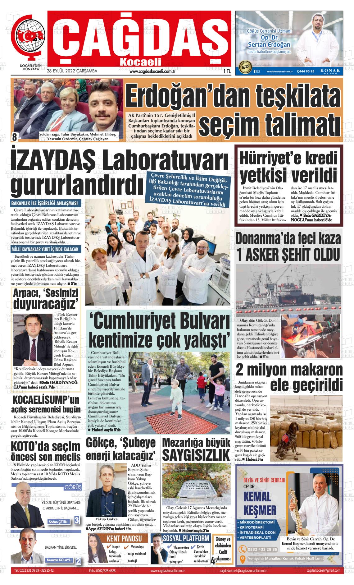 28 Eylül 2022 Çağdaş Kocaeli Gazete Manşeti