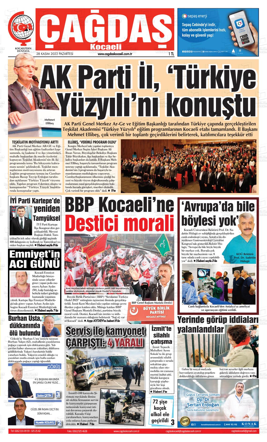 28 Kasım 2022 Çağdaş Kocaeli Gazete Manşeti