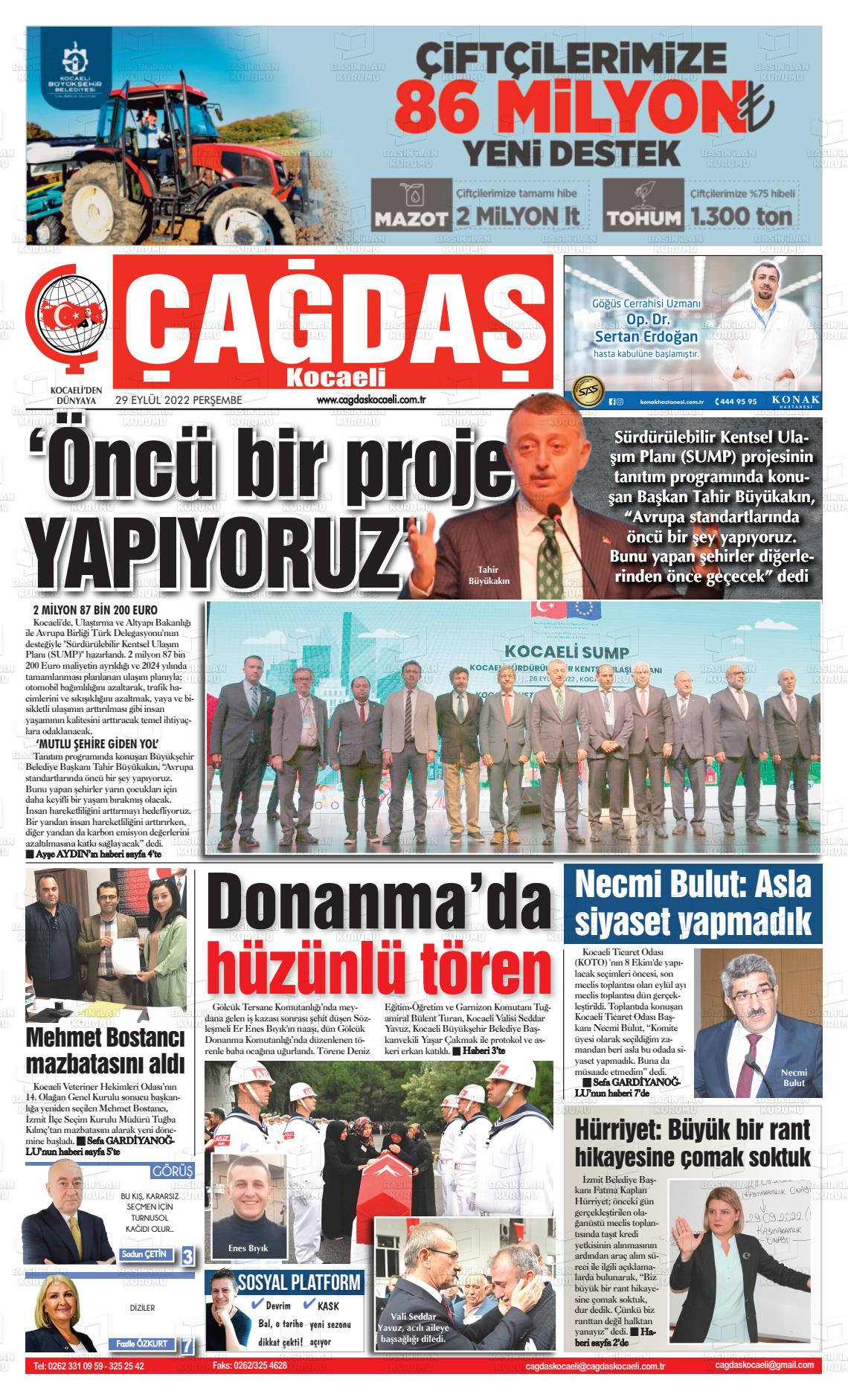 29 Eylül 2022 Çağdaş Kocaeli Gazete Manşeti