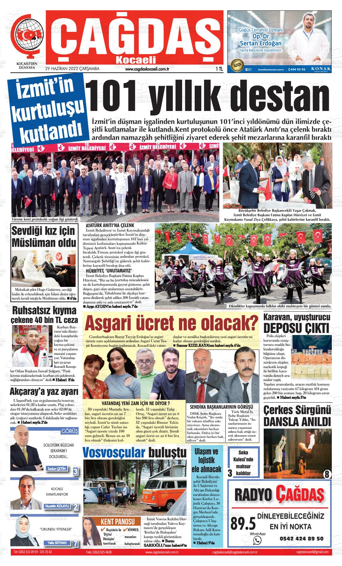 29 Haziran 2022 Çağdaş Kocaeli Gazete Manşeti
