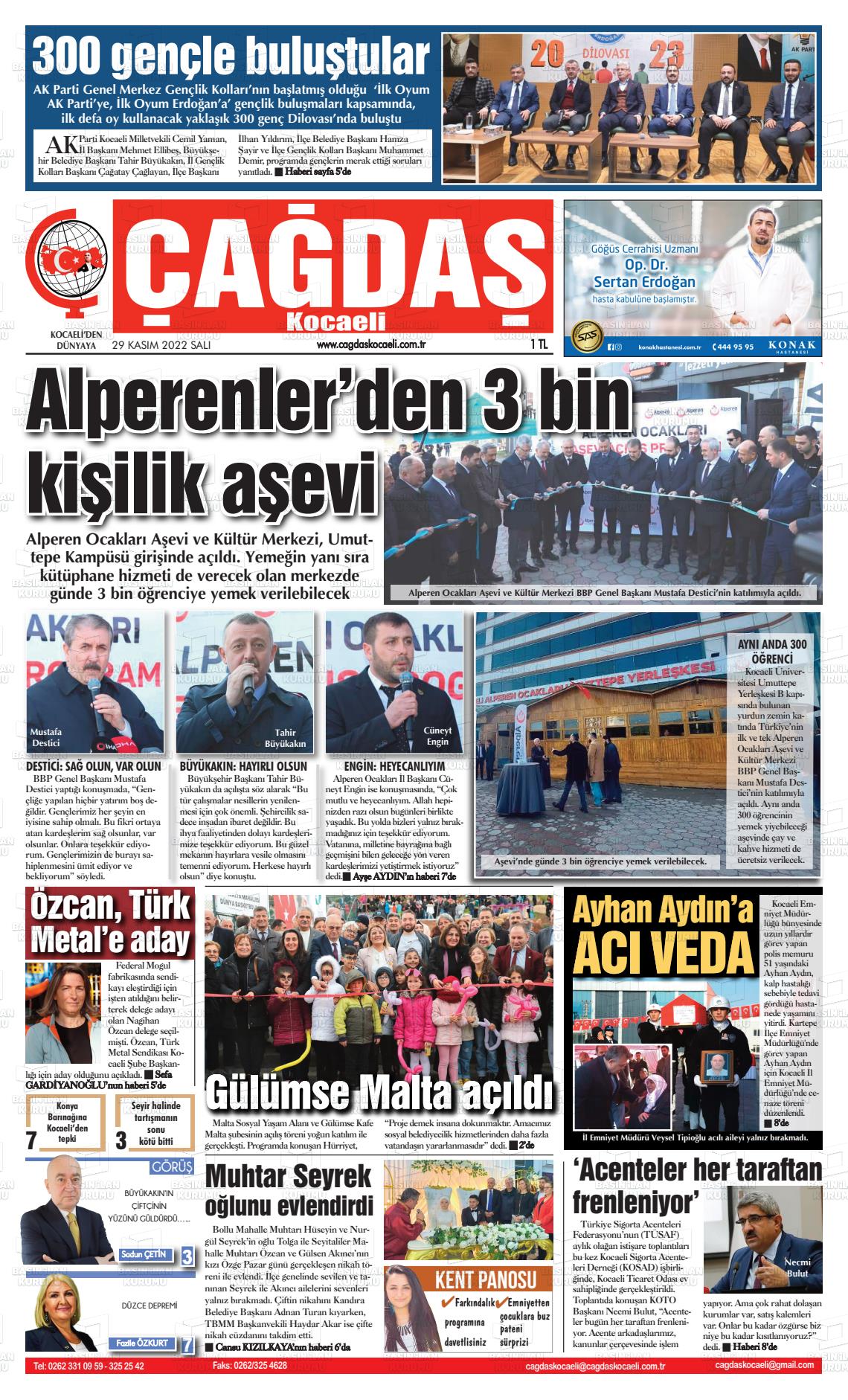 29 Kasım 2022 Çağdaş Kocaeli Gazete Manşeti