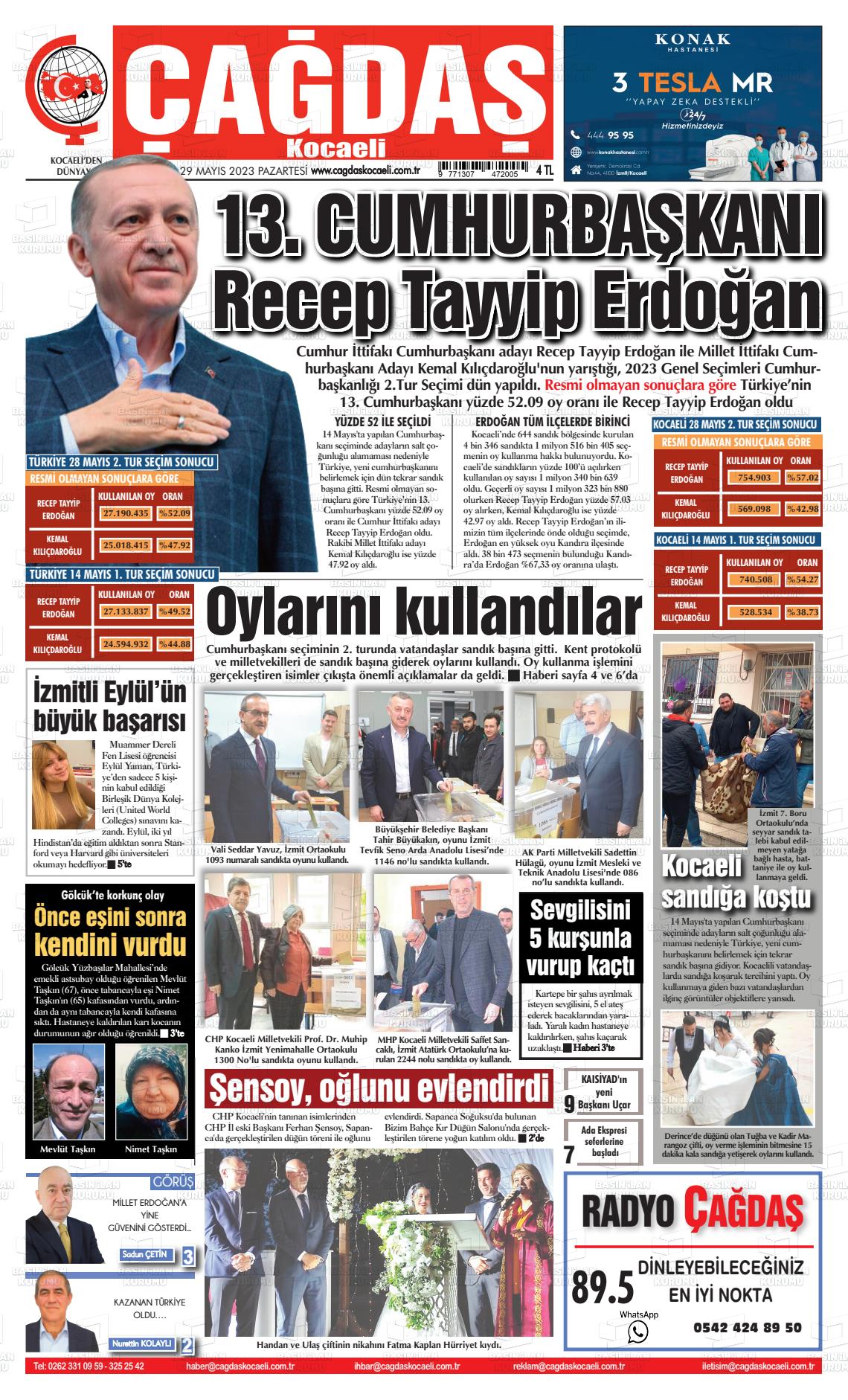 30 Mayıs 2023 Çağdaş Kocaeli Gazete Manşeti