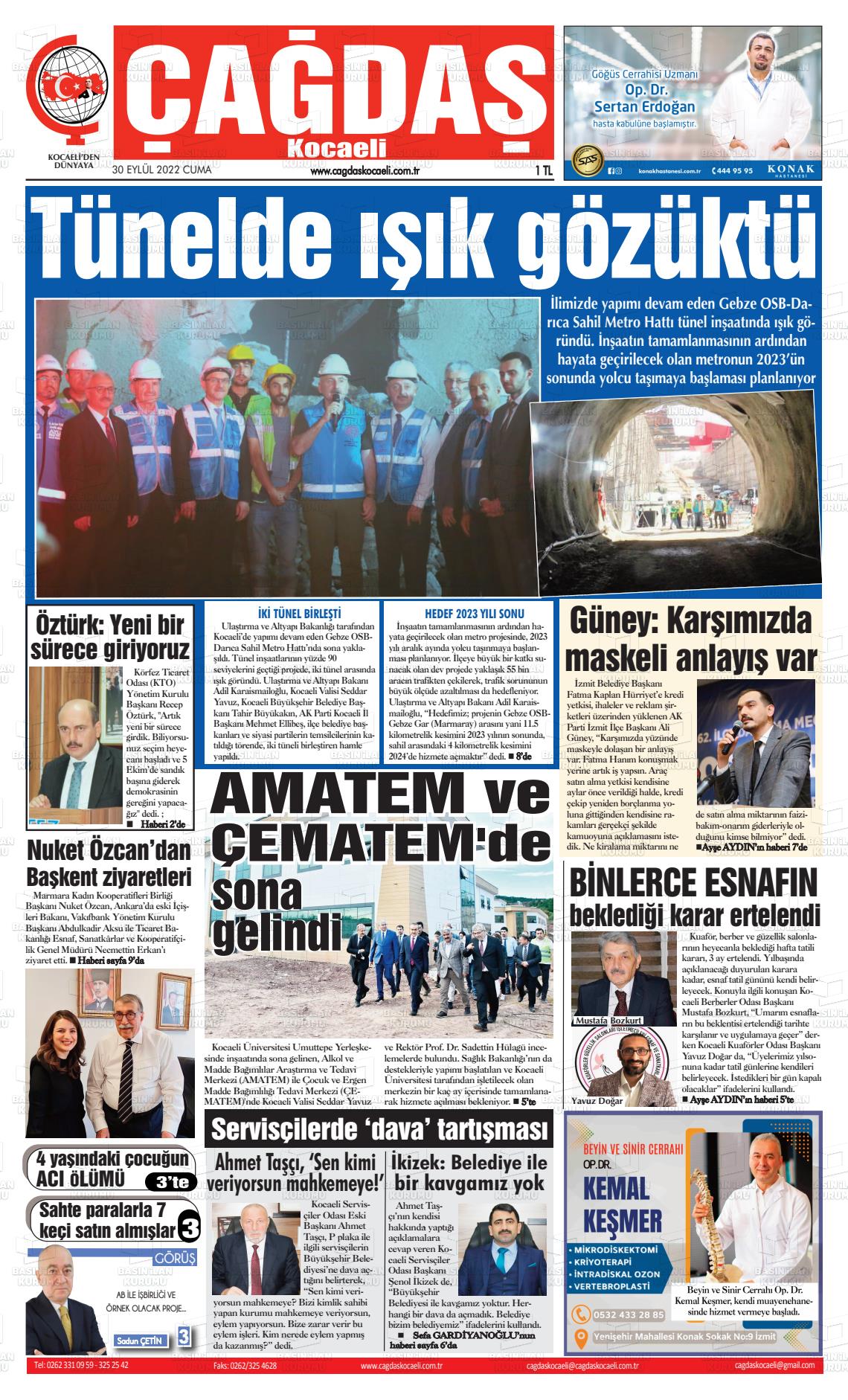 30 Eylül 2022 Çağdaş Kocaeli Gazete Manşeti