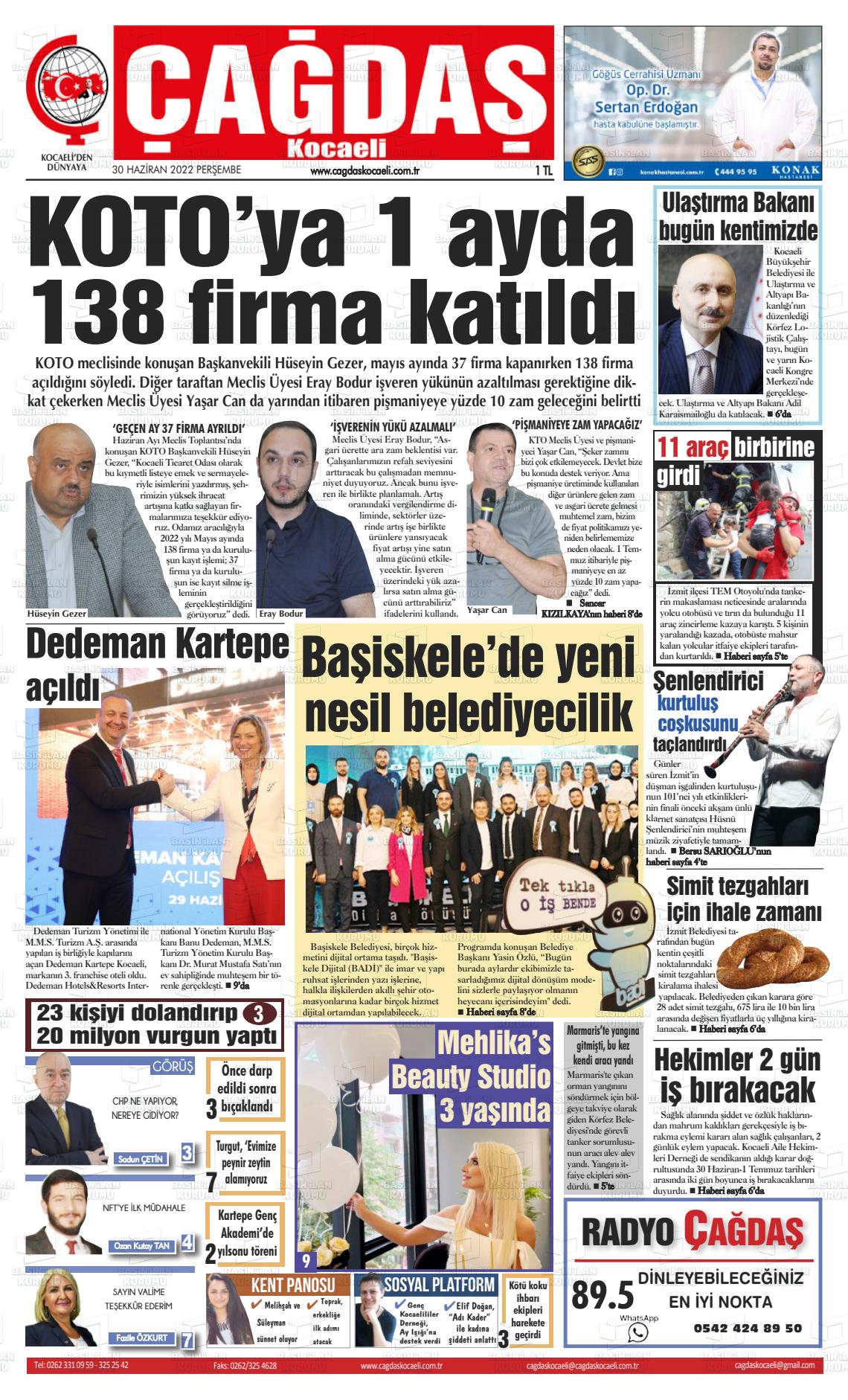 01 Temmuz 2022 Çağdaş Kocaeli Gazete Manşeti