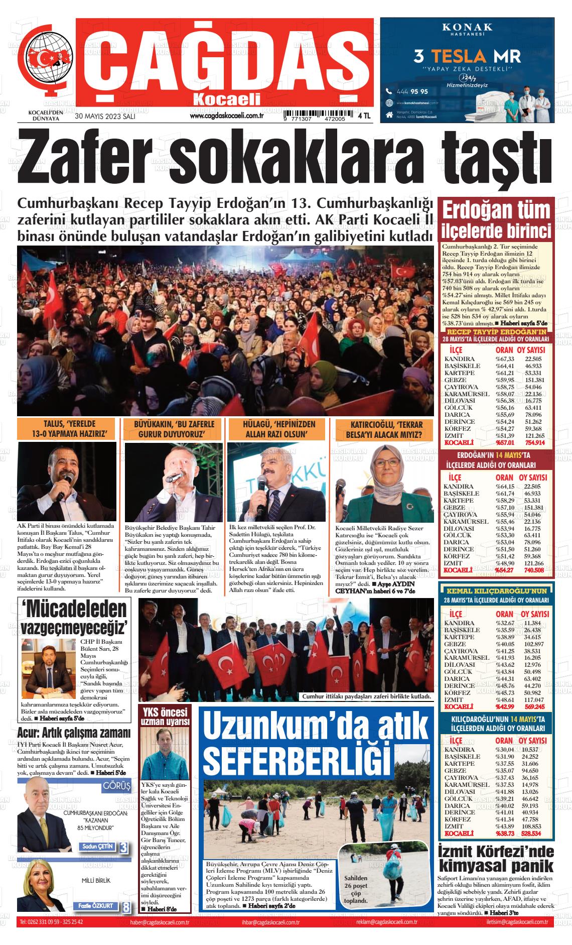 30 Mayıs 2023 Çağdaş Kocaeli Gazete Manşeti
