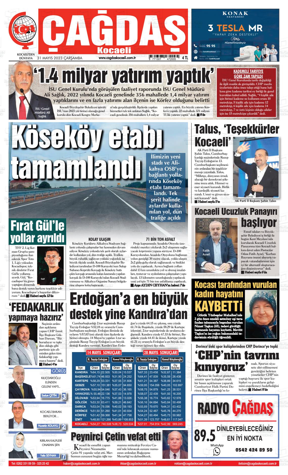 31 Mayıs 2023 Çağdaş Kocaeli Gazete Manşeti
