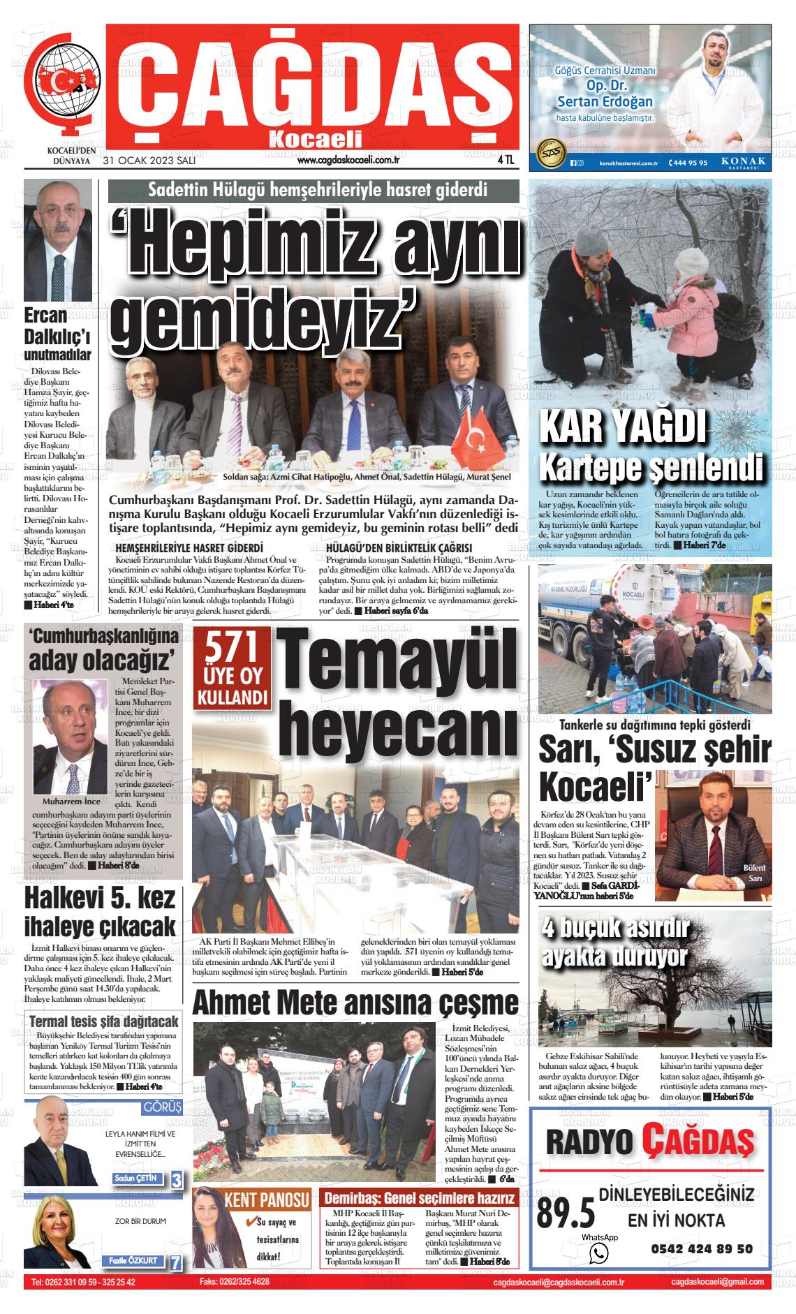 31 Ocak 2023 Çağdaş Kocaeli Gazete Manşeti