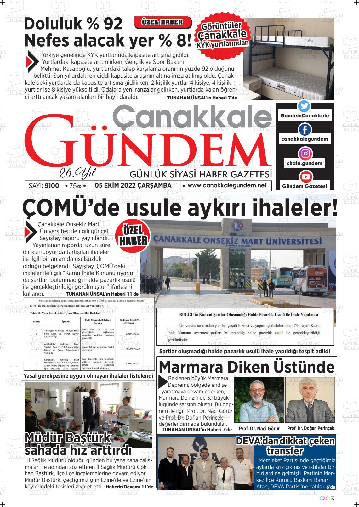 05 Ekim 2022 Çanakkale Gündem Gazete Manşeti