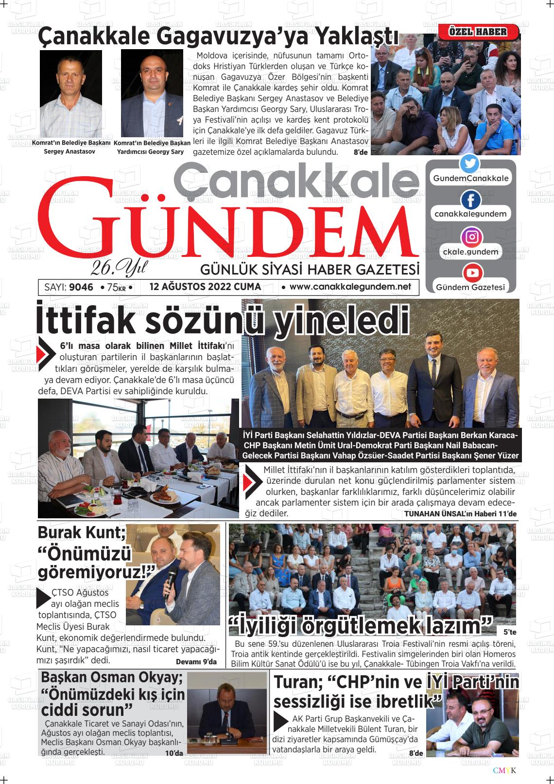 12 Ağustos 2022 Çanakkale Gündem Gazete Manşeti