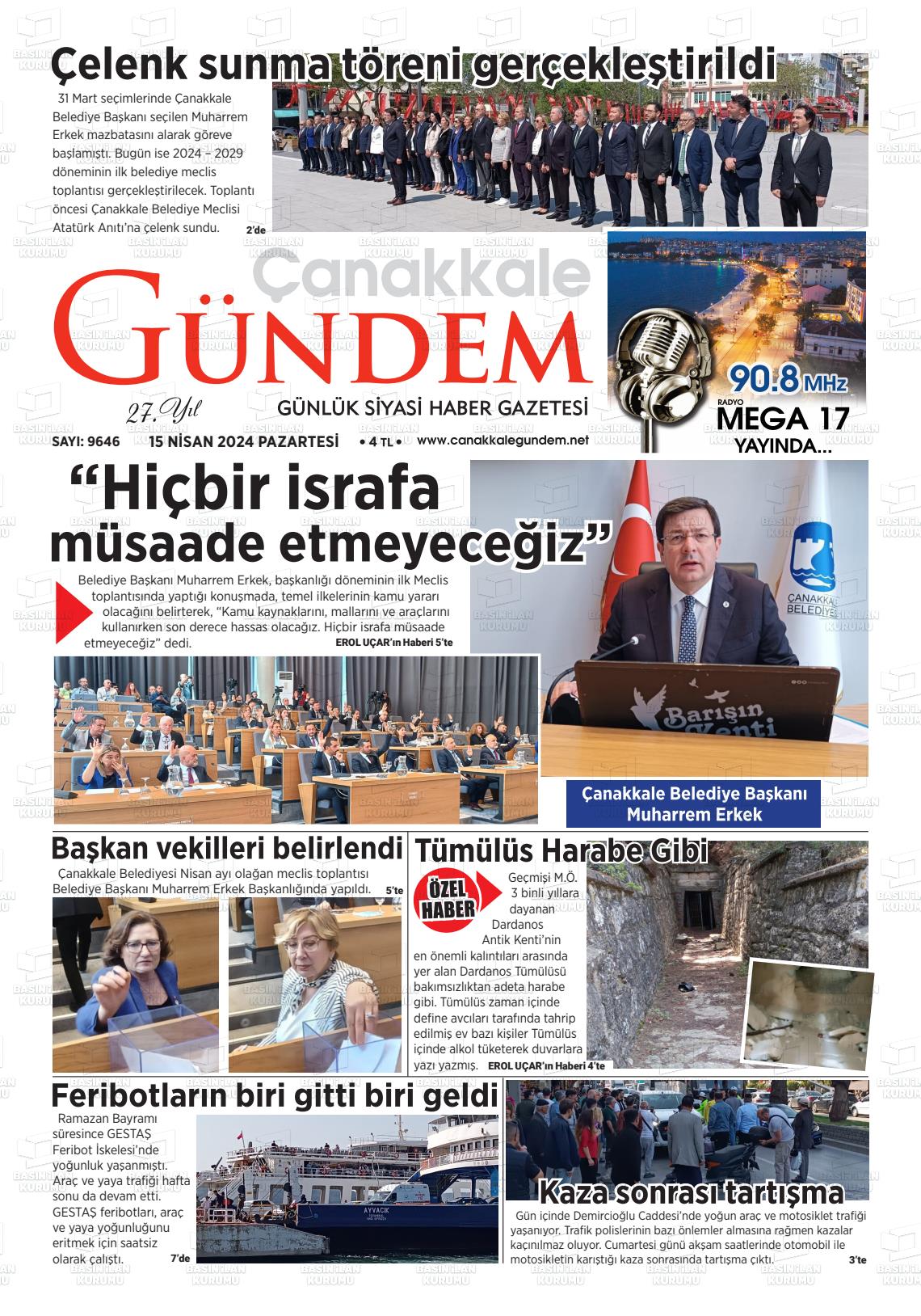 15 Nisan 2024 Çanakkale Gündem Gazete Manşeti