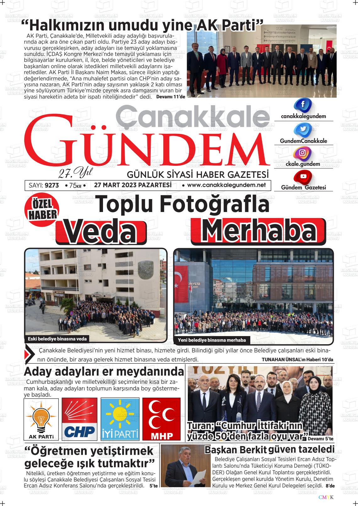 27 Mart 2023 Çanakkale Gündem Gazete Manşeti
