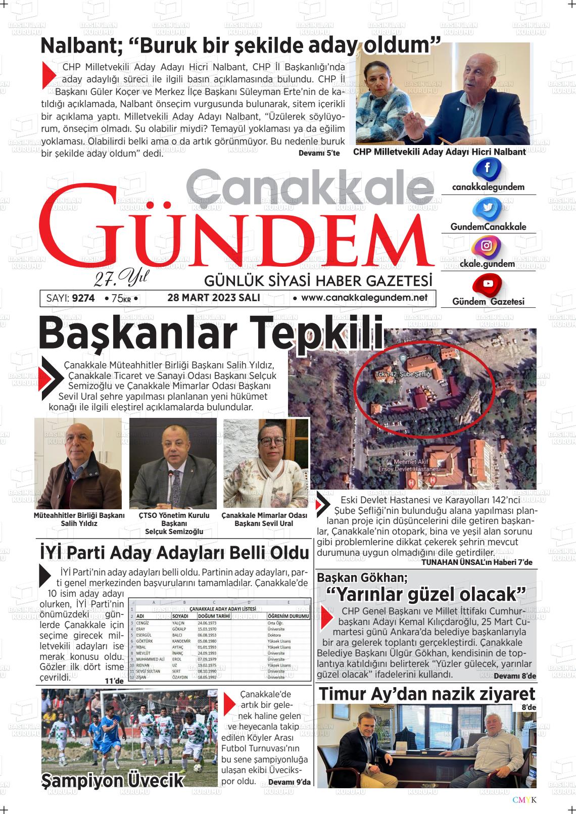 28 Mart 2023 Çanakkale Gündem Gazete Manşeti
