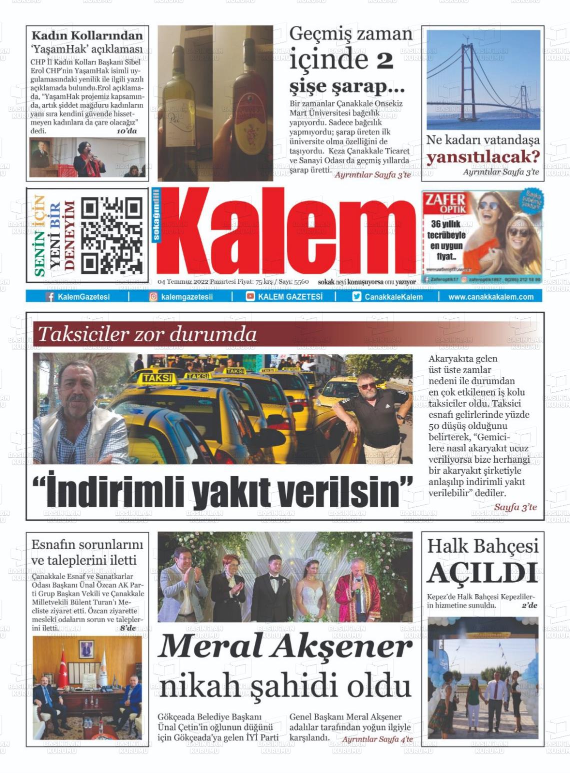 04 Temmuz 2022 Çanakkale Kalem Gazete Manşeti