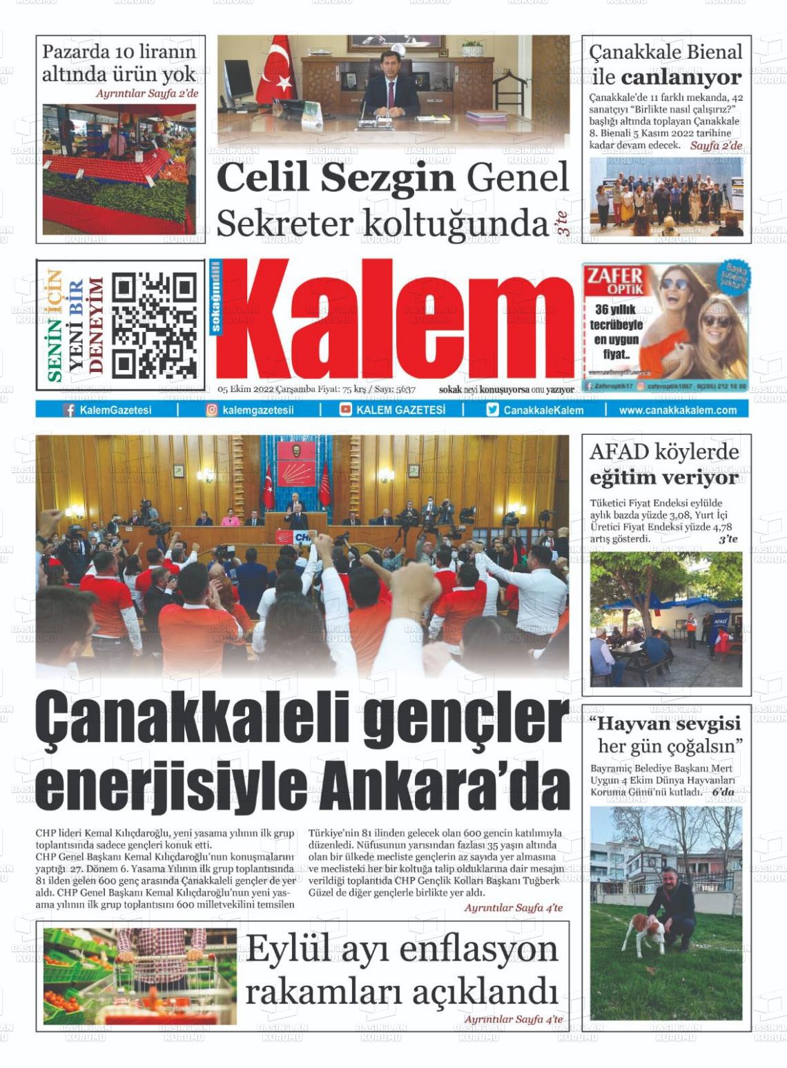 05 Ekim 2022 Çanakkale Kalem Gazete Manşeti