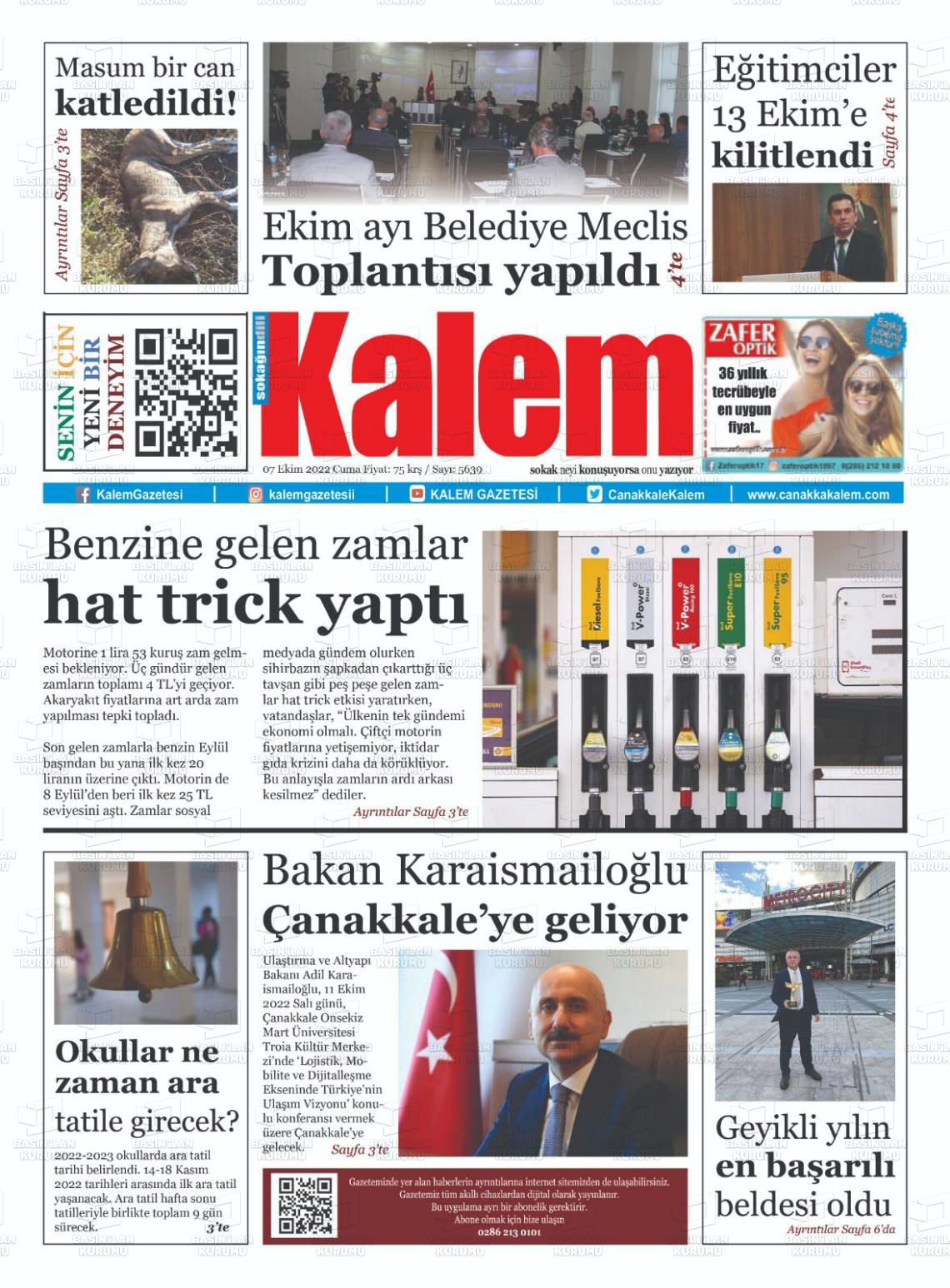 07 Ekim 2022 Çanakkale Kalem Gazete Manşeti