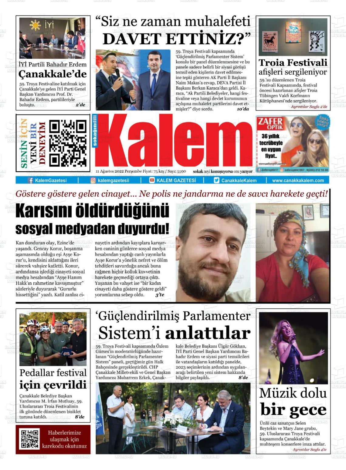 11 Ağustos 2022 Çanakkale Kalem Gazete Manşeti