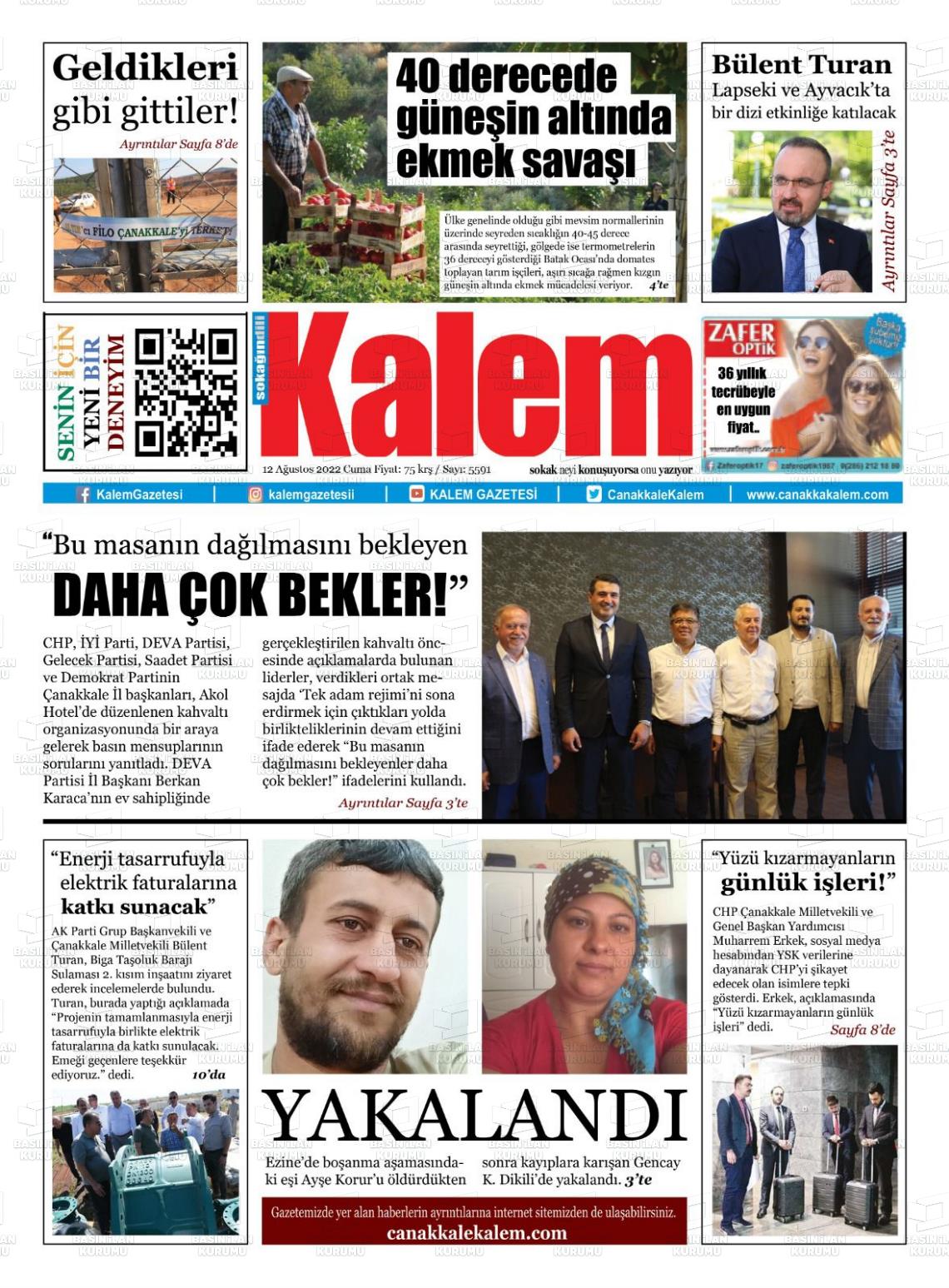 12 Ağustos 2022 Çanakkale Kalem Gazete Manşeti
