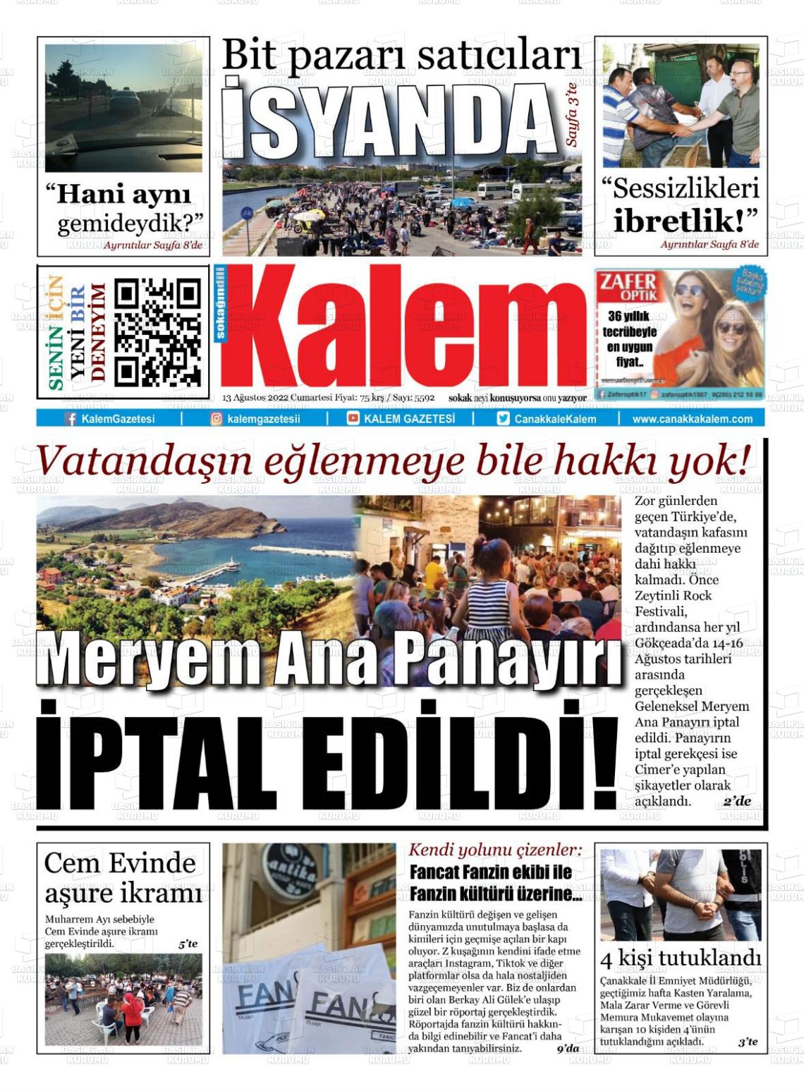 13 Ağustos 2022 Çanakkale Kalem Gazete Manşeti
