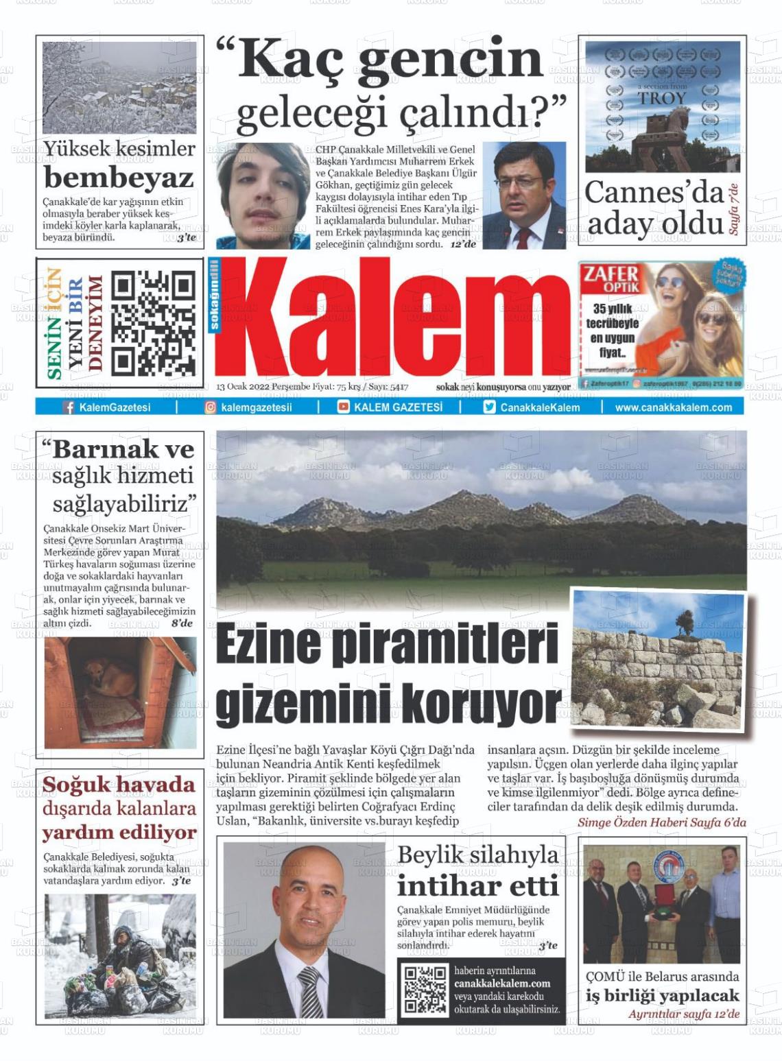 13 Ocak 2022 Çanakkale Kalem Gazete Manşeti