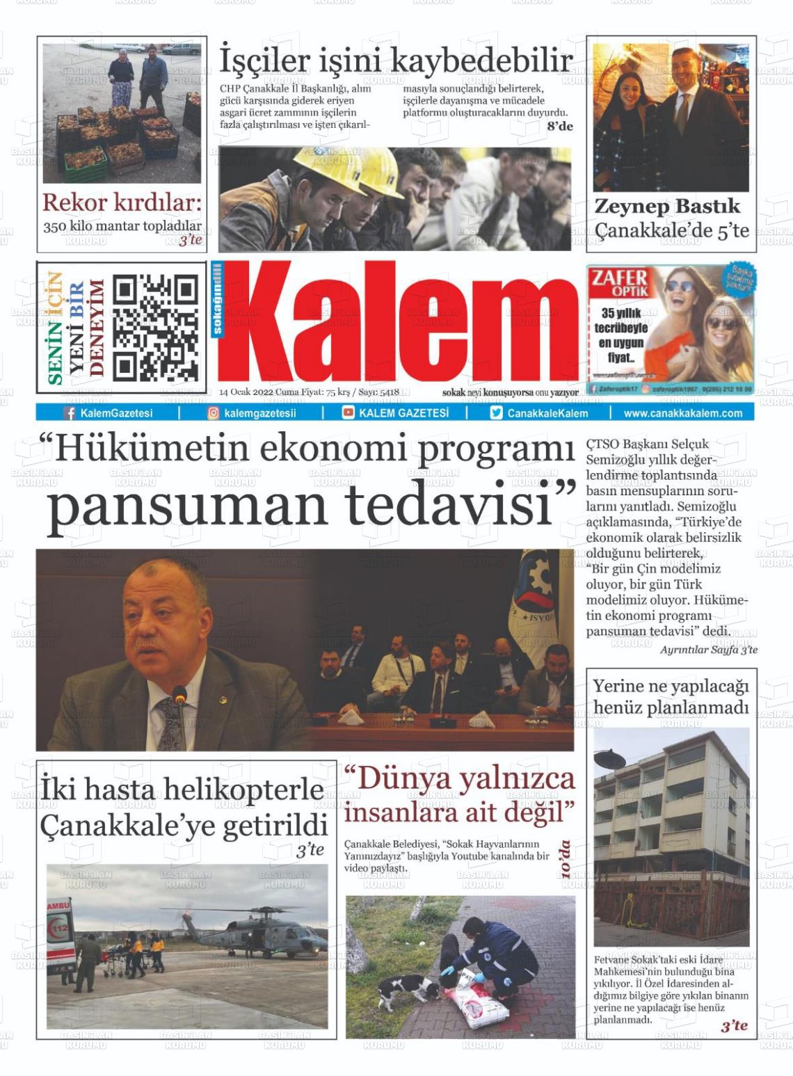 14 Ocak 2022 Çanakkale Kalem Gazete Manşeti