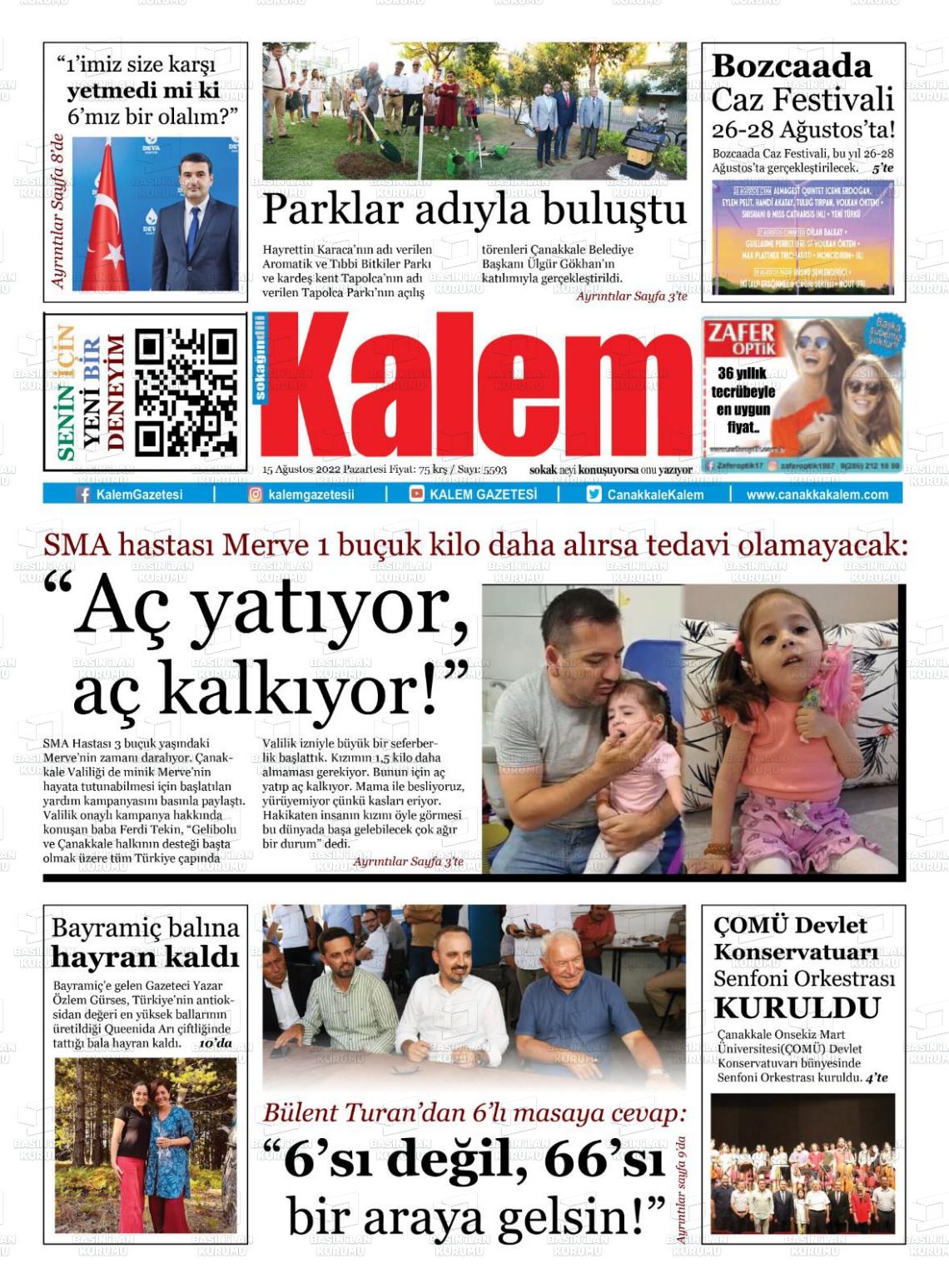 15 Ağustos 2022 Çanakkale Kalem Gazete Manşeti