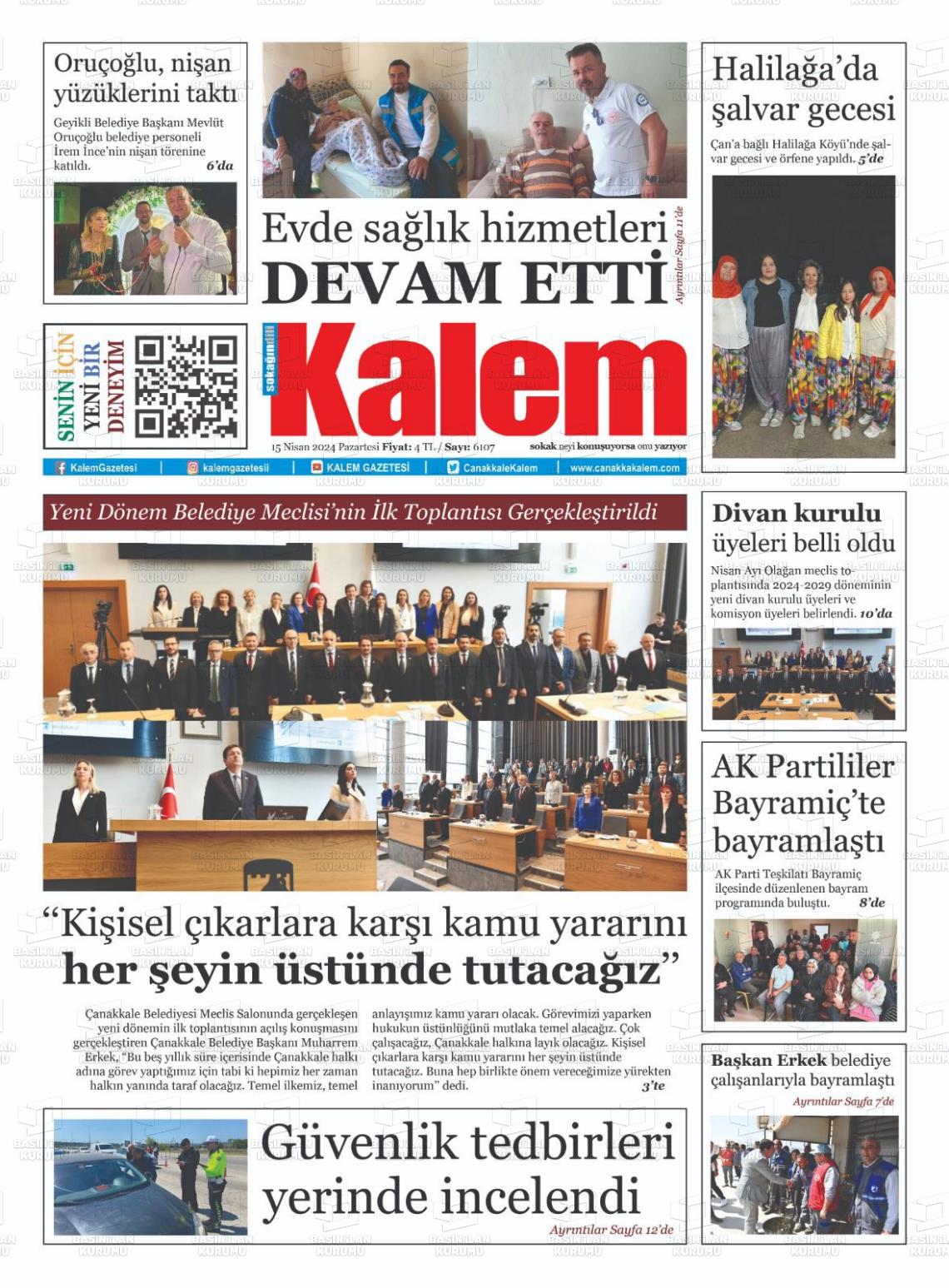15 Nisan 2024 Çanakkale Kalem Gazete Manşeti