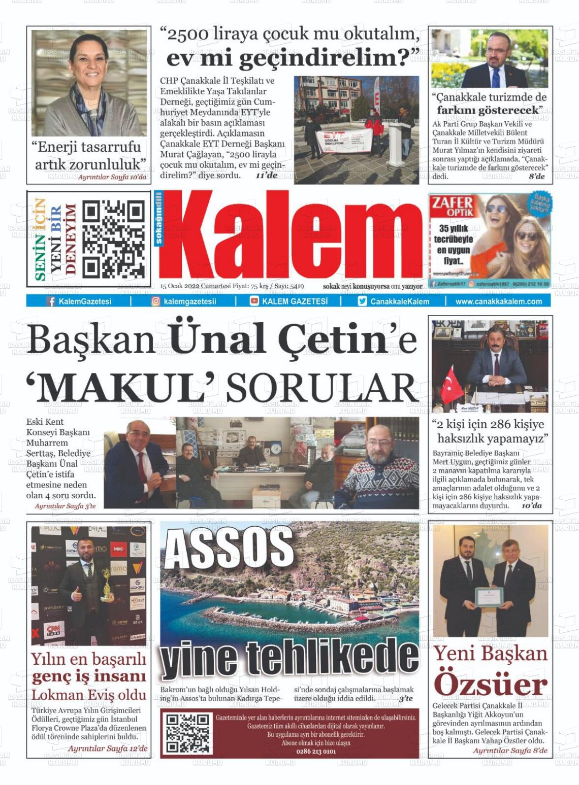 15 Ocak 2022 Çanakkale Kalem Gazete Manşeti