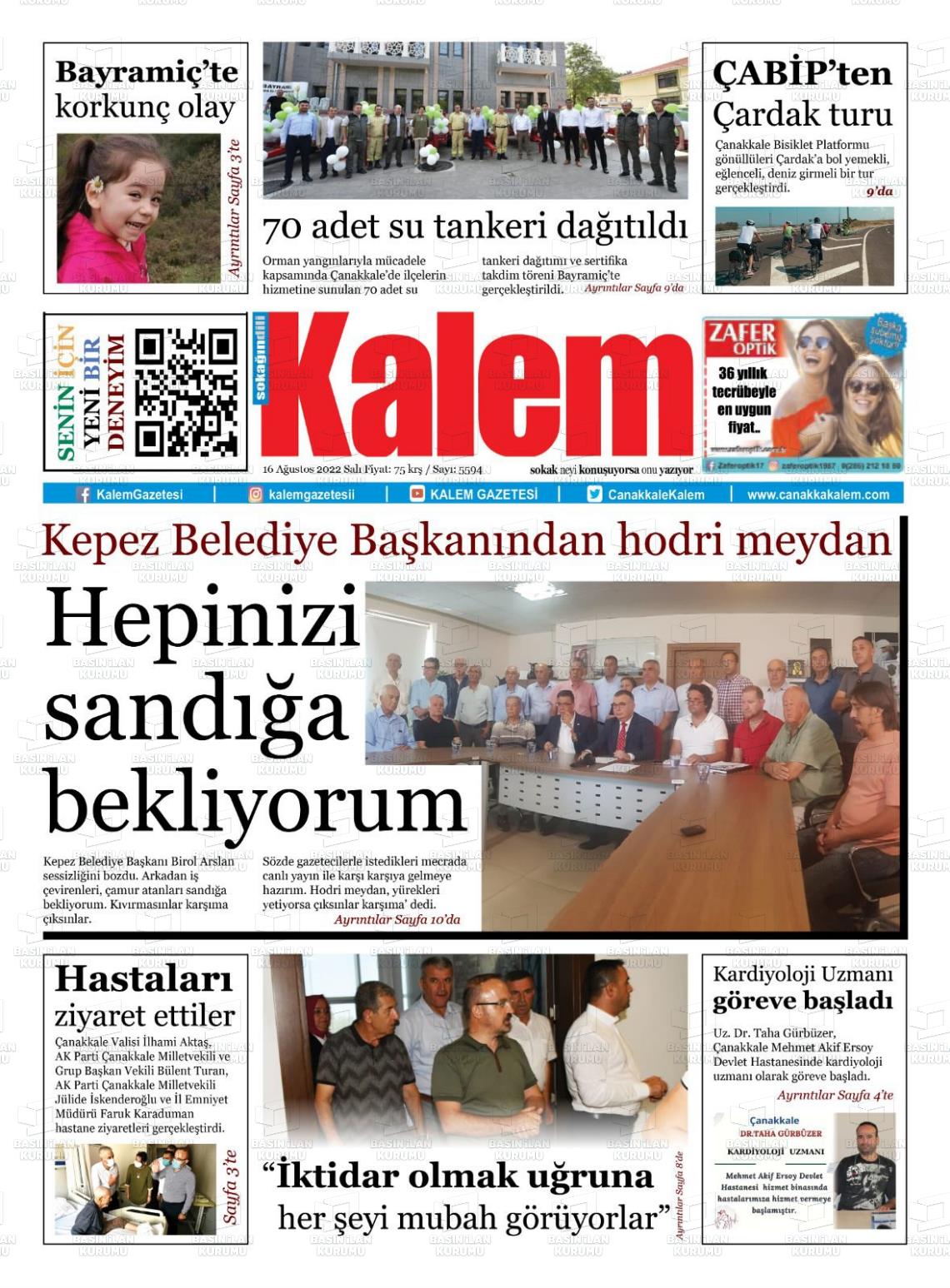 16 Ağustos 2022 Çanakkale Kalem Gazete Manşeti