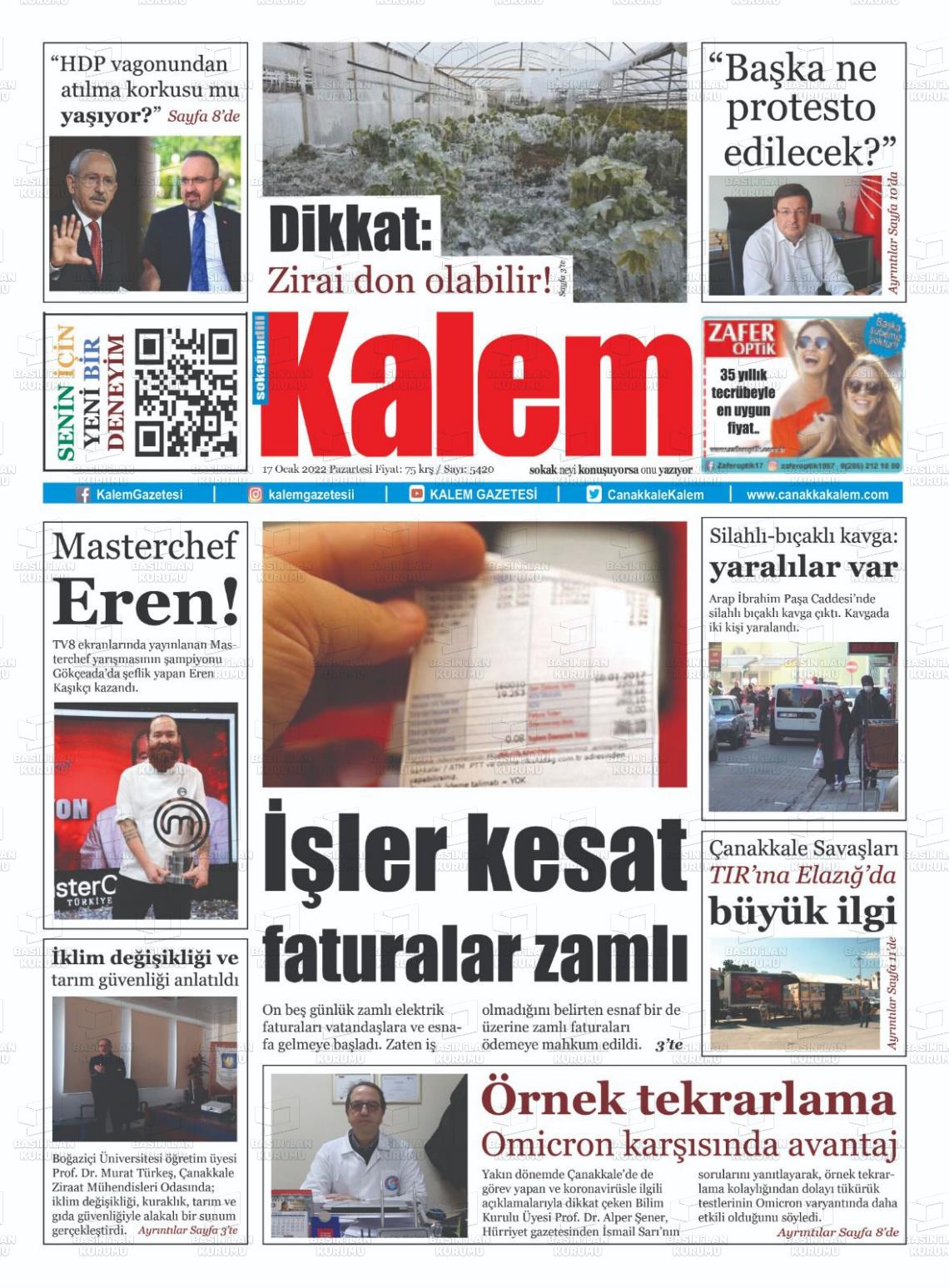 17 Ocak 2022 Çanakkale Kalem Gazete Manşeti