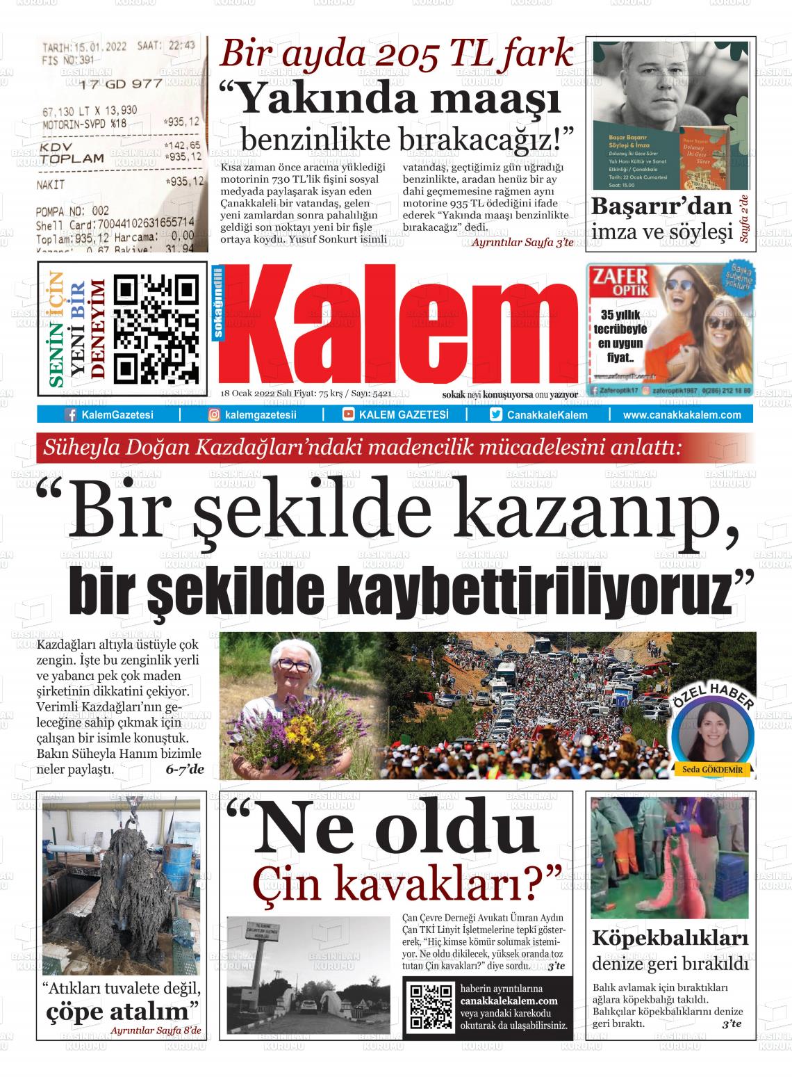 18 Ocak 2022 Çanakkale Kalem Gazete Manşeti