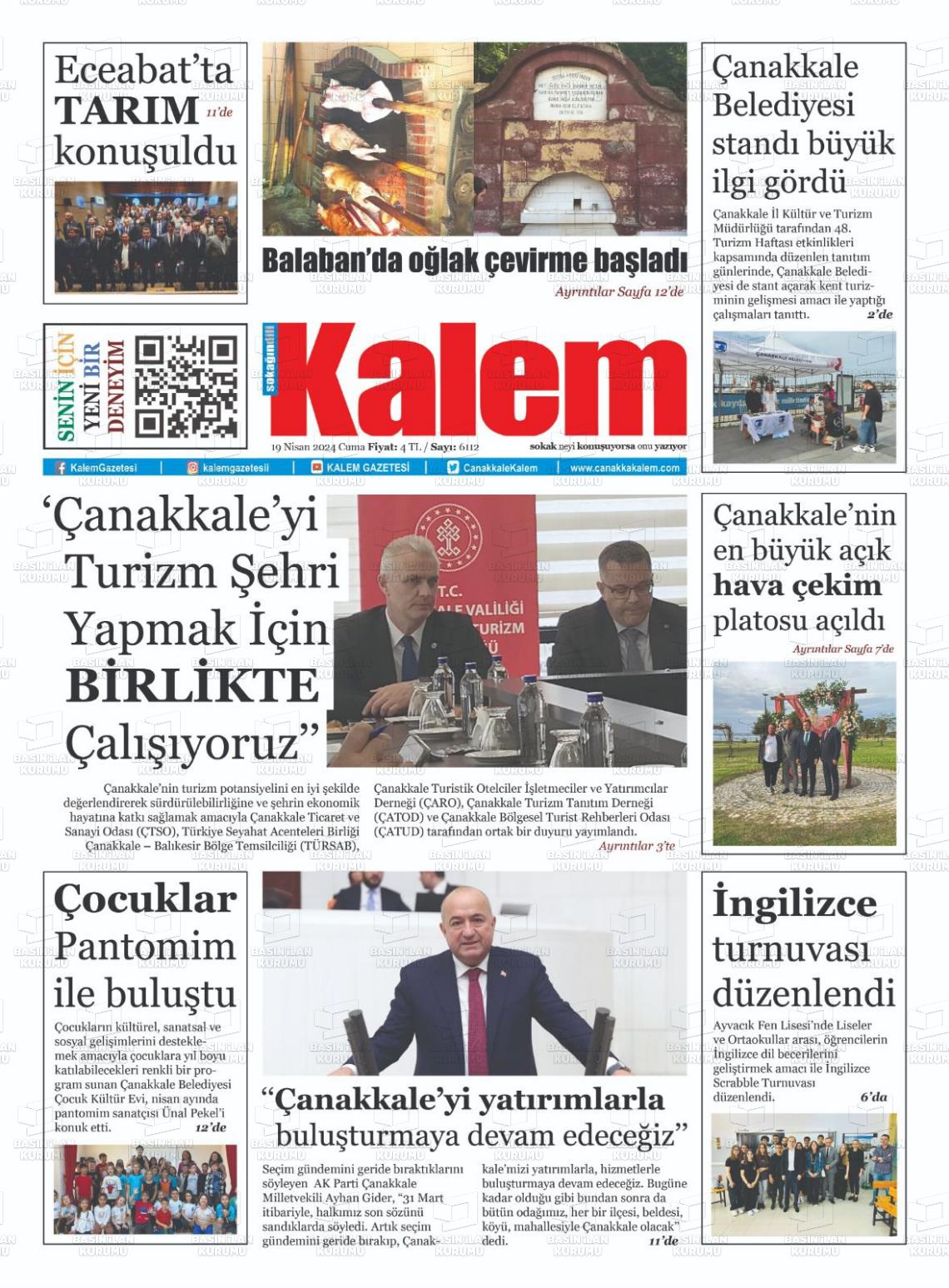 19 Nisan 2024 Çanakkale Kalem Gazete Manşeti