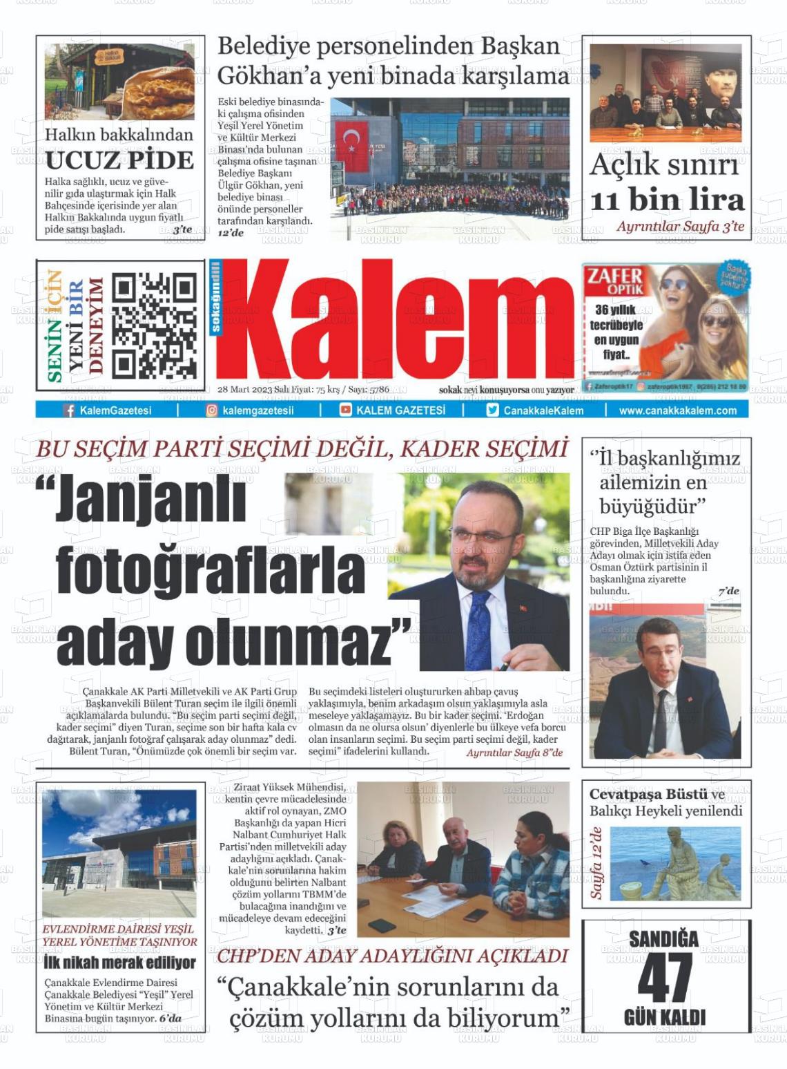 28 Mart 2023 Çanakkale Kalem Gazete Manşeti