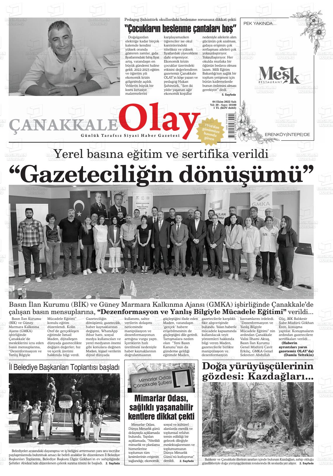 04 Ekim 2022 Çanakkale Olay Gazete Manşeti