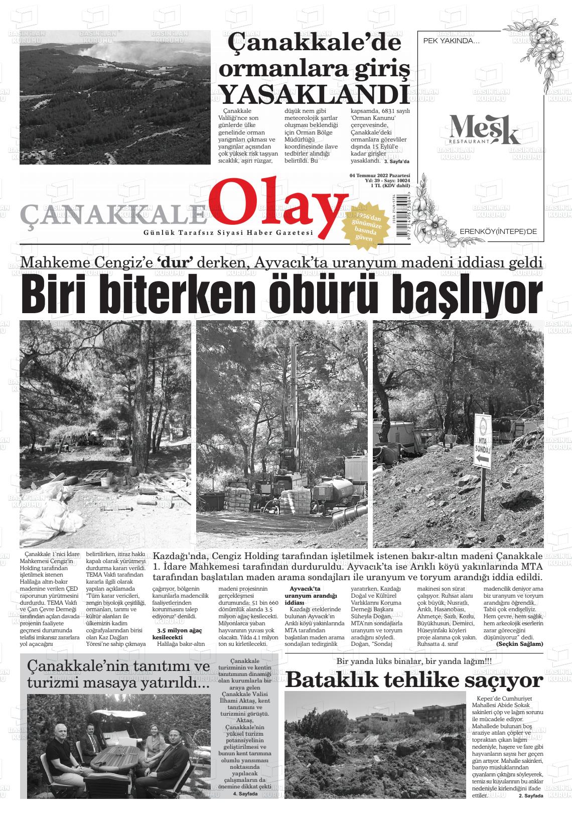 04 Temmuz 2022 Çanakkale Olay Gazete Manşeti