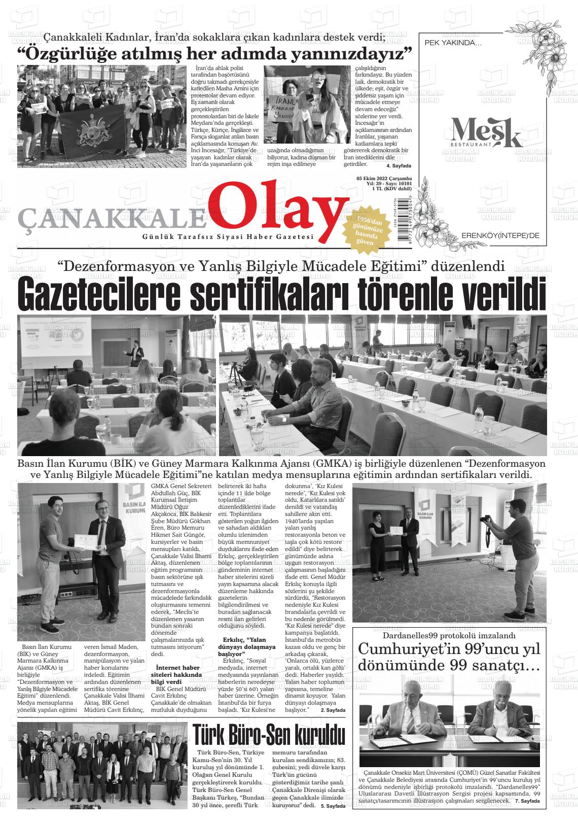 05 Ekim 2022 Çanakkale Olay Gazete Manşeti