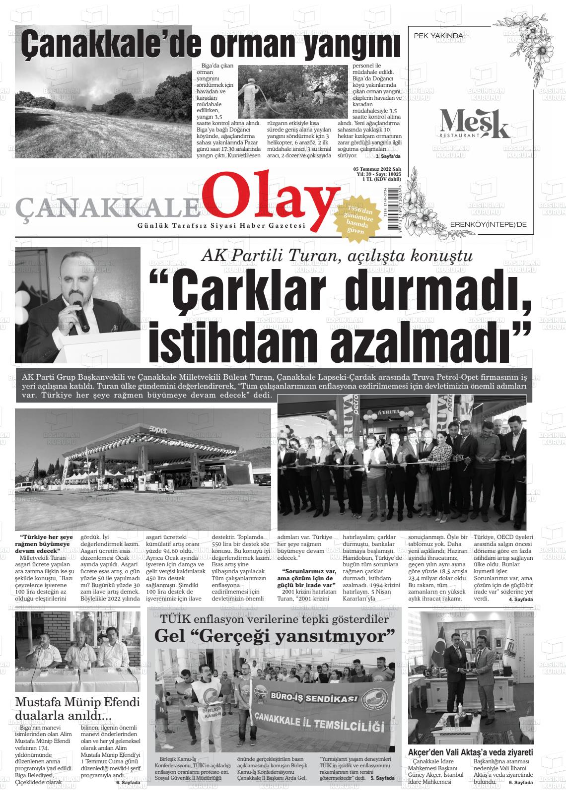 05 Temmuz 2022 Çanakkale Olay Gazete Manşeti