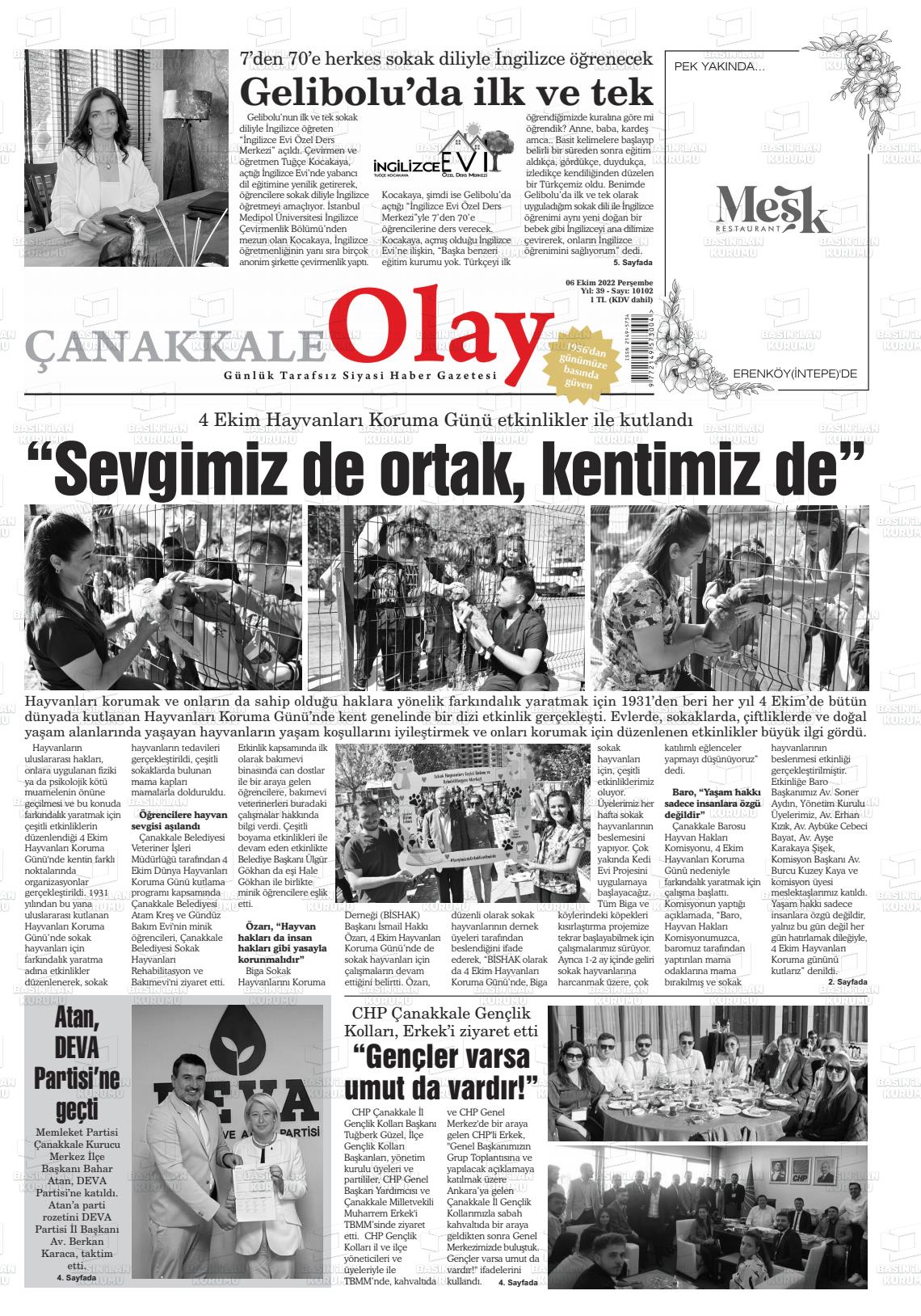 06 Ekim 2022 Çanakkale Olay Gazete Manşeti