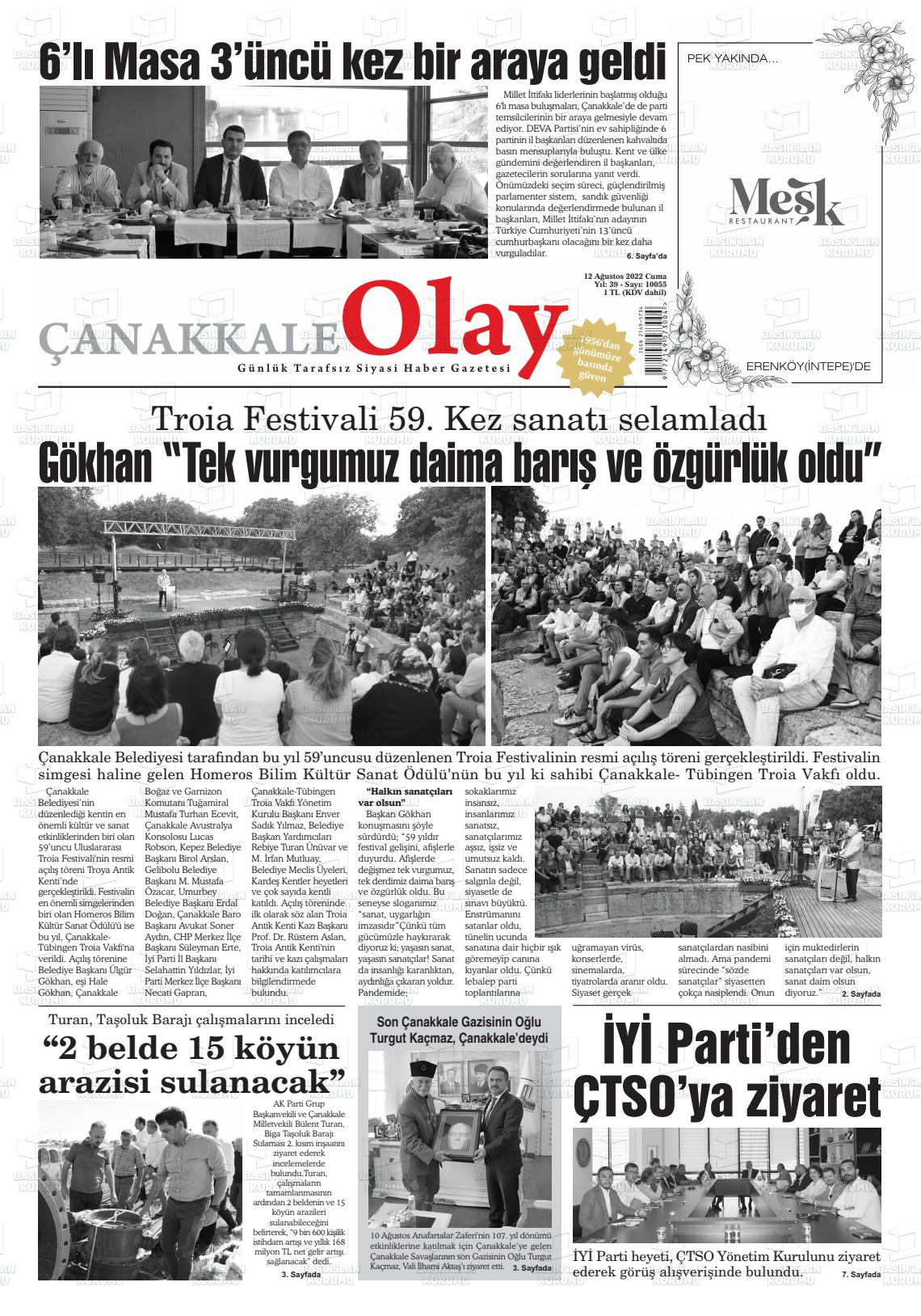 12 Ağustos 2022 Çanakkale Olay Gazete Manşeti