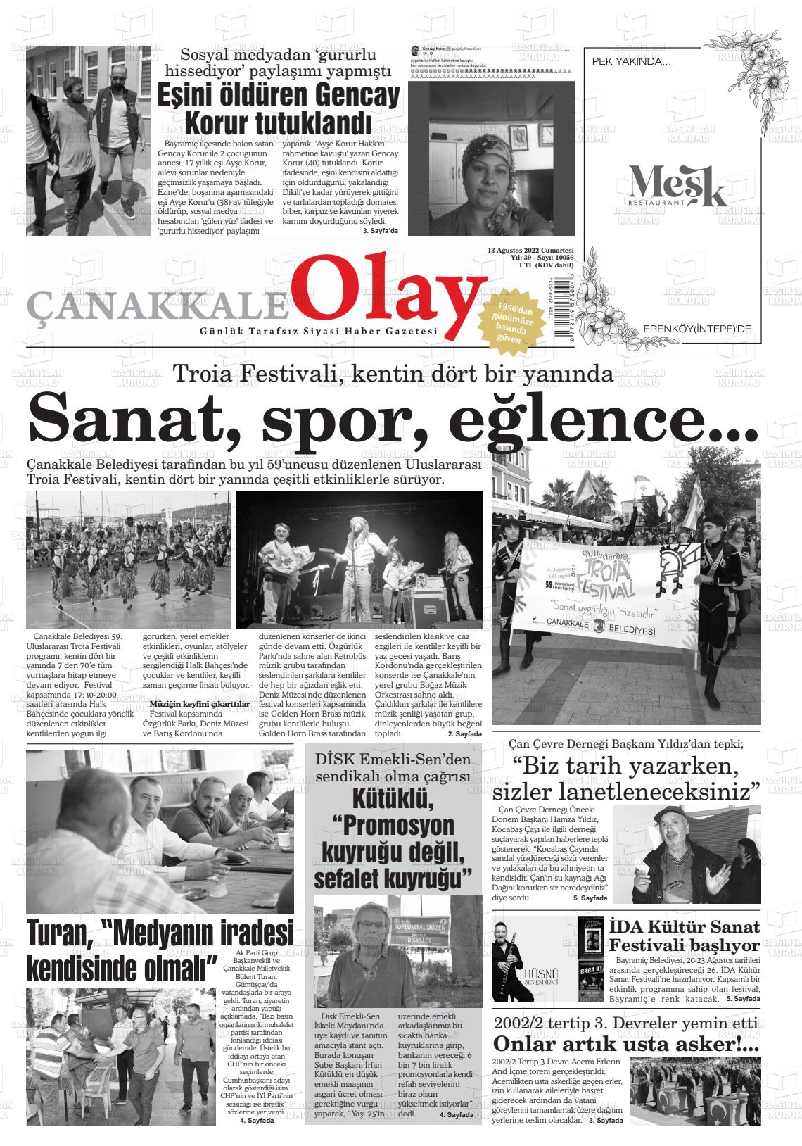 13 Ağustos 2022 Çanakkale Olay Gazete Manşeti