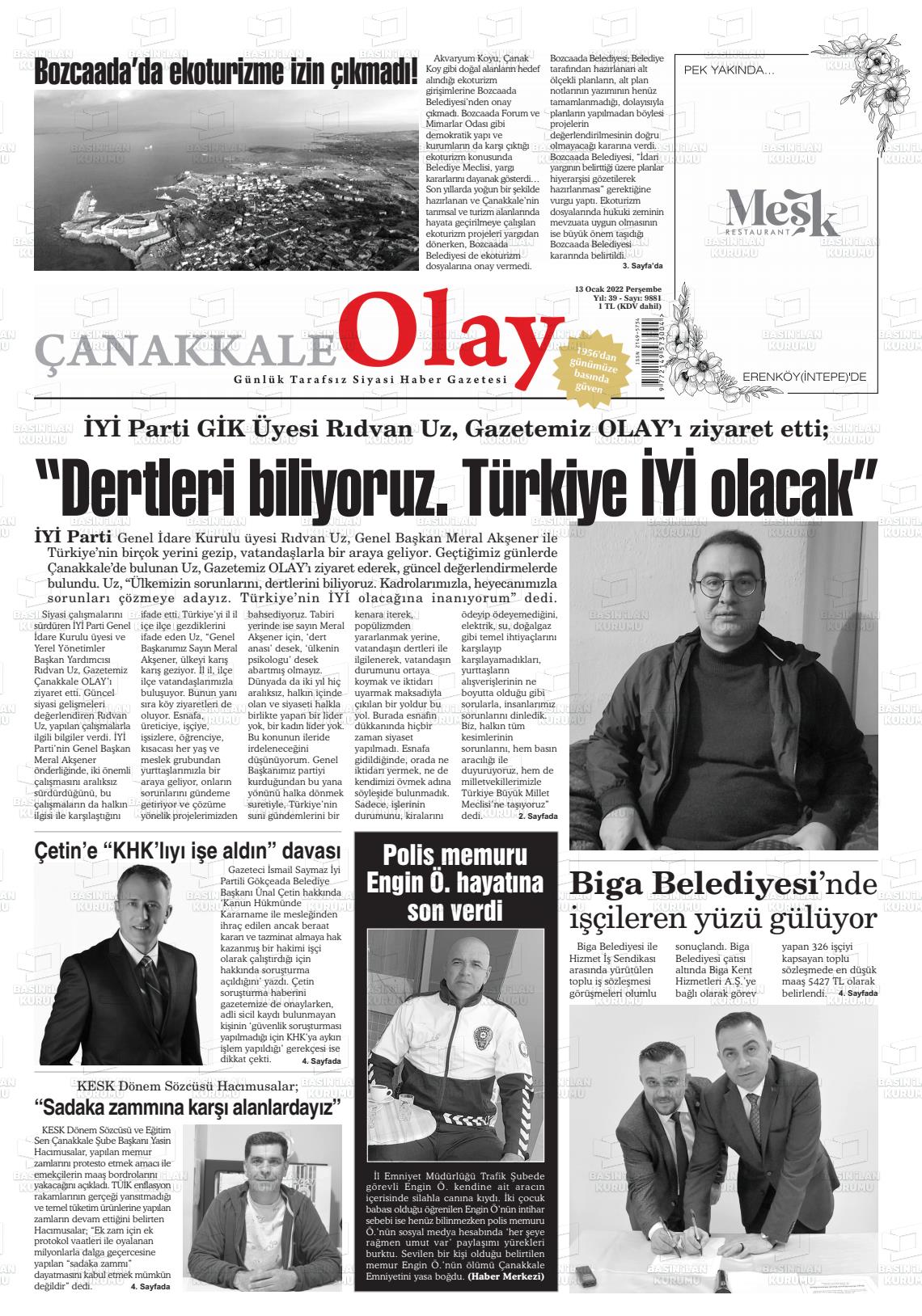 13 Ocak 2022 Çanakkale Olay Gazete Manşeti