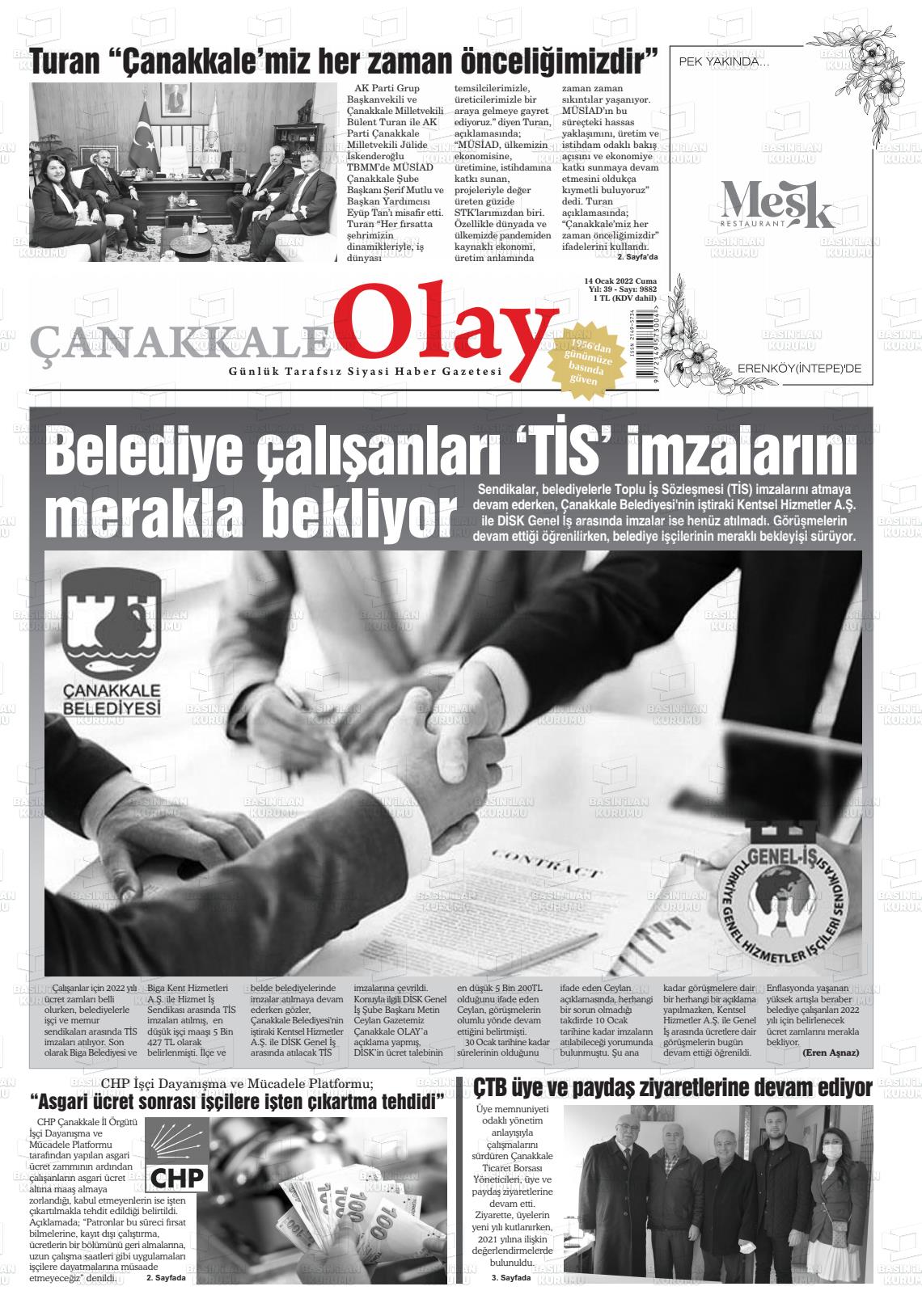 14 Ocak 2022 Çanakkale Olay Gazete Manşeti