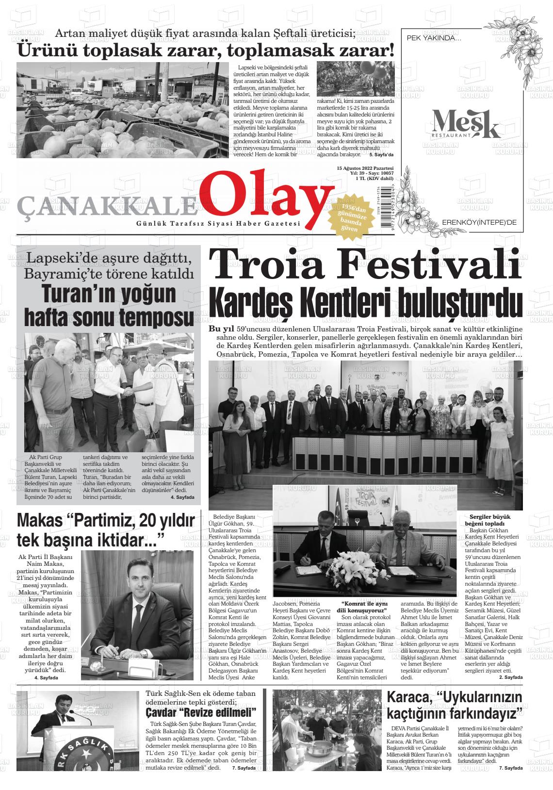 15 Ağustos 2022 Çanakkale Olay Gazete Manşeti