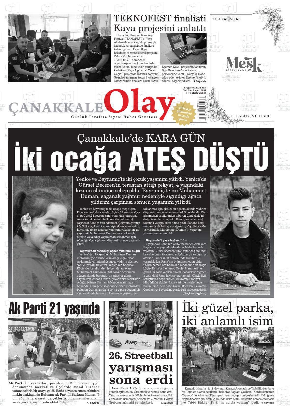 16 Ağustos 2022 Çanakkale Olay Gazete Manşeti