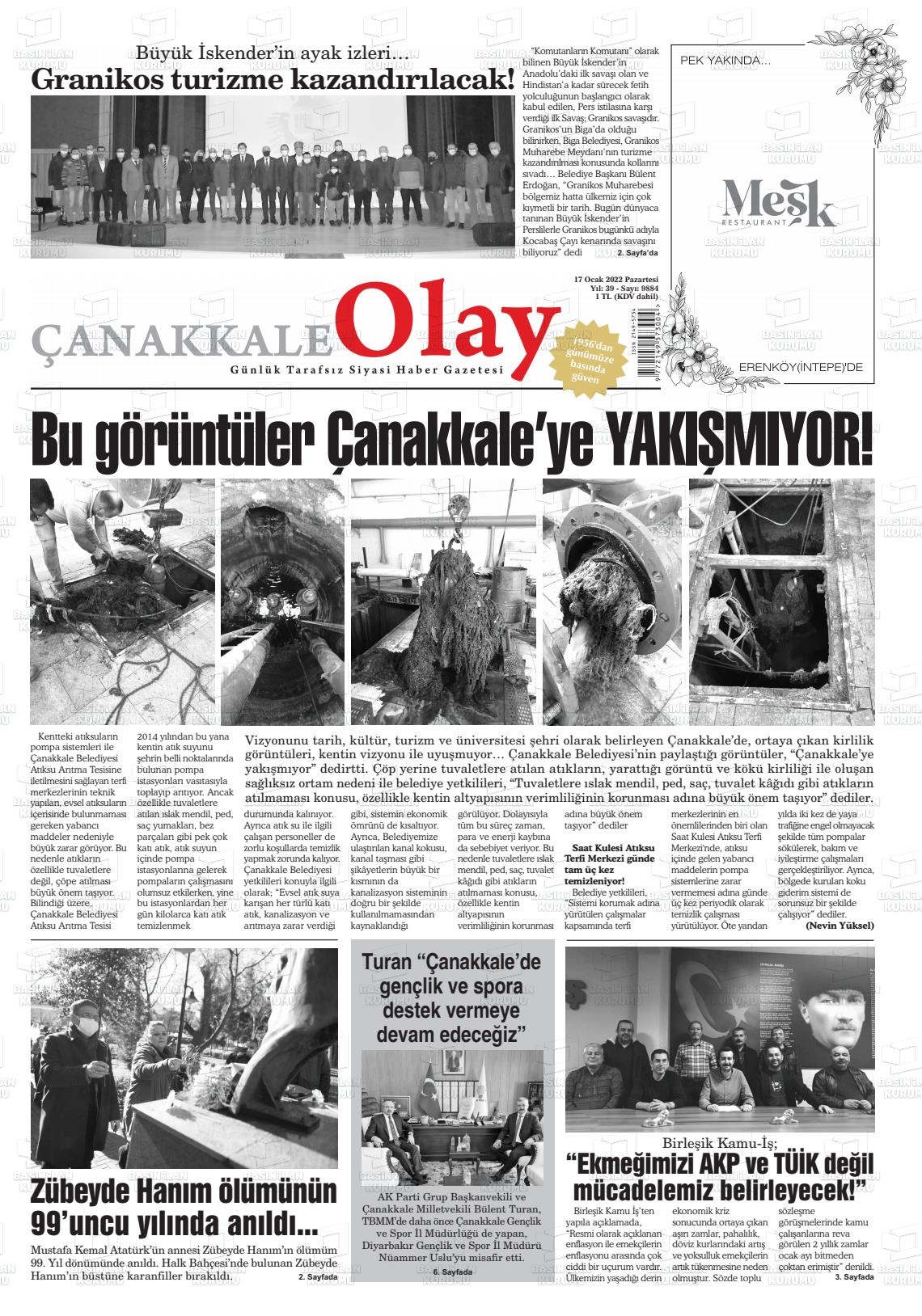 17 Ocak 2022 Çanakkale Olay Gazete Manşeti