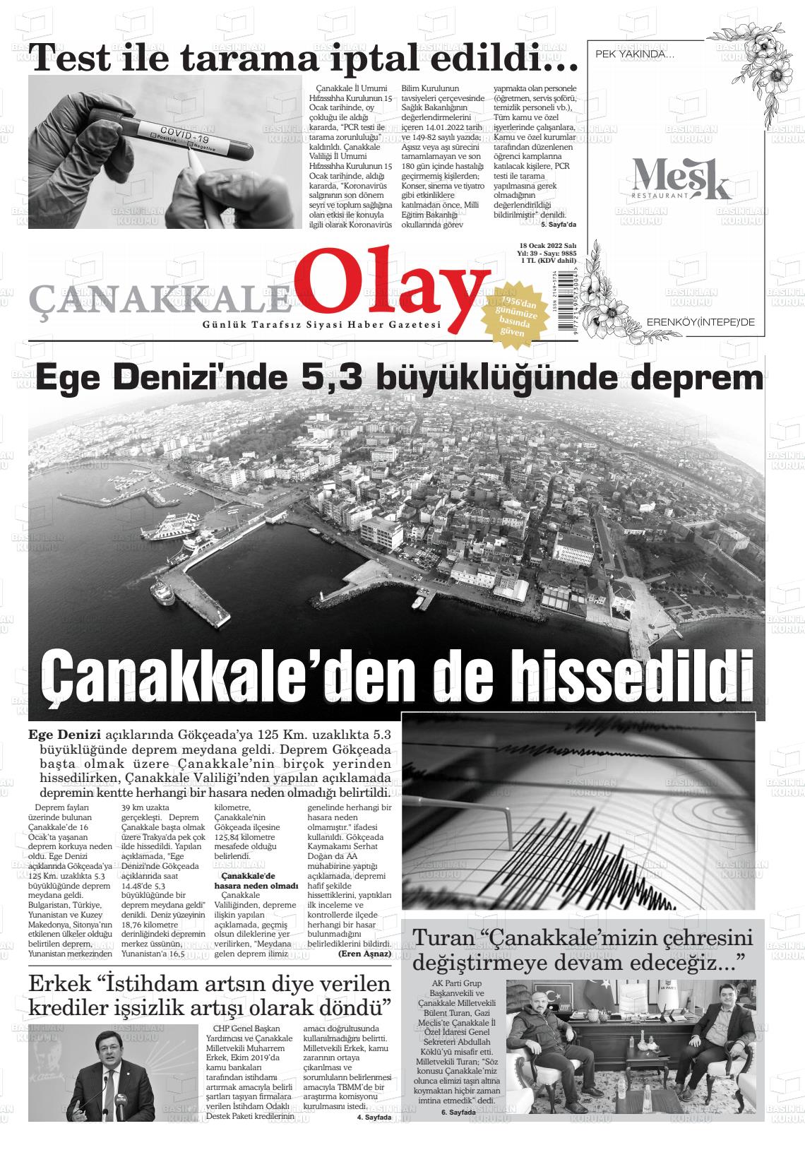 18 Ocak 2022 Çanakkale Olay Gazete Manşeti