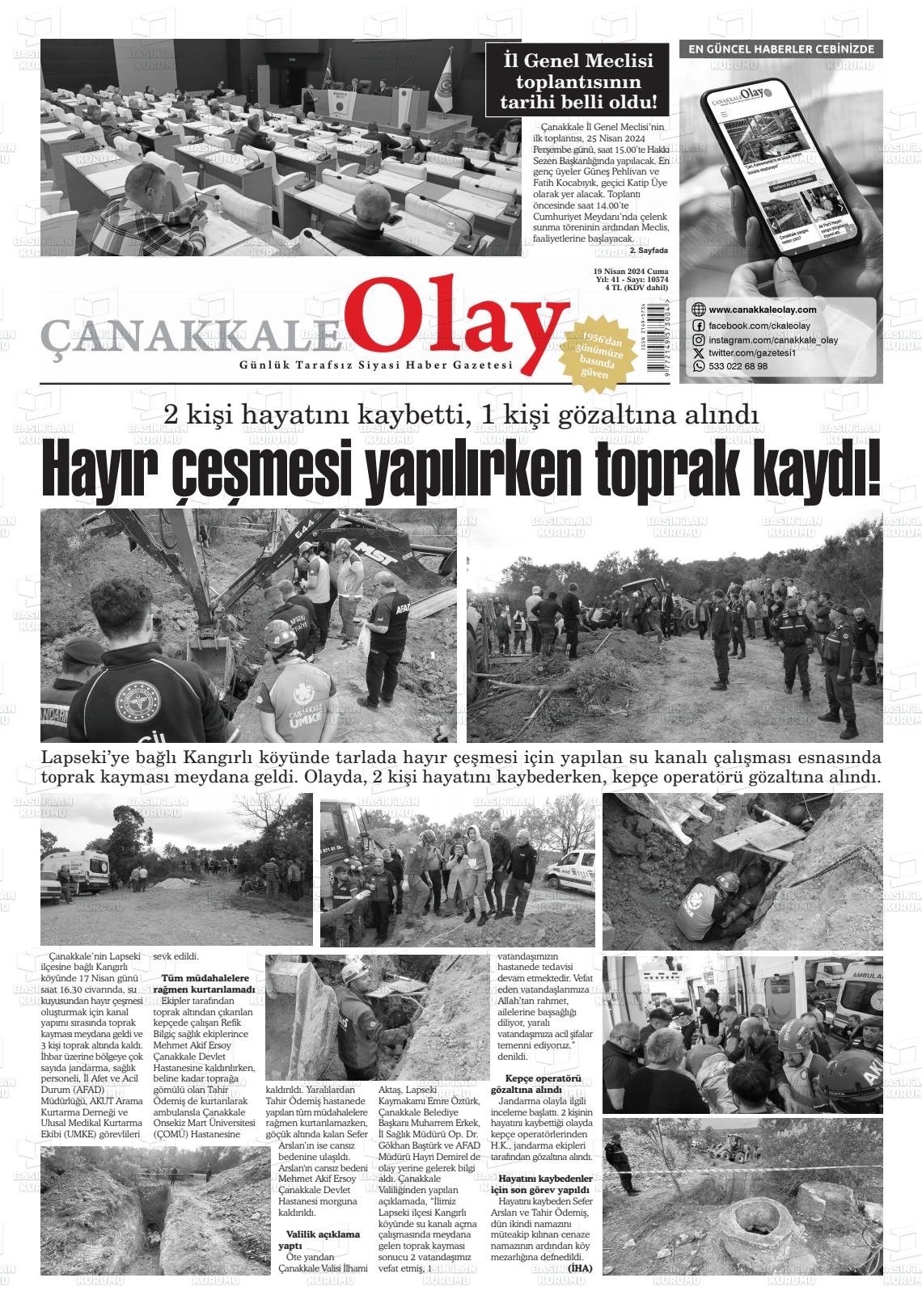 19 Nisan 2024 Çanakkale Olay Gazete Manşeti