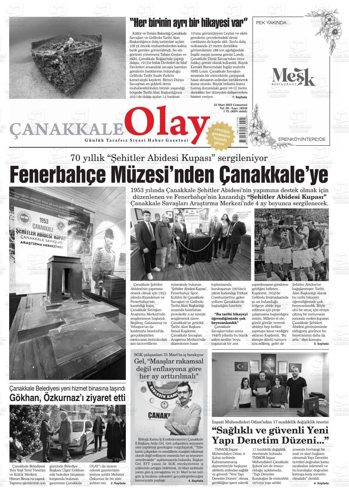25 Mart 2023 Çanakkale Olay Gazete Manşeti