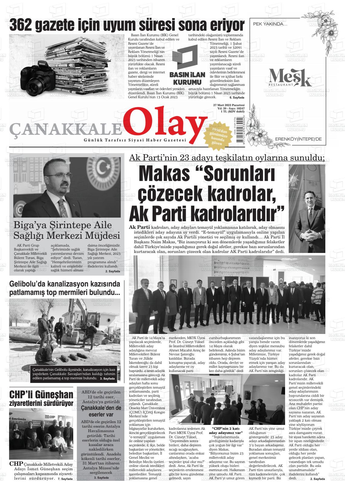 27 Mart 2023 Çanakkale Olay Gazete Manşeti